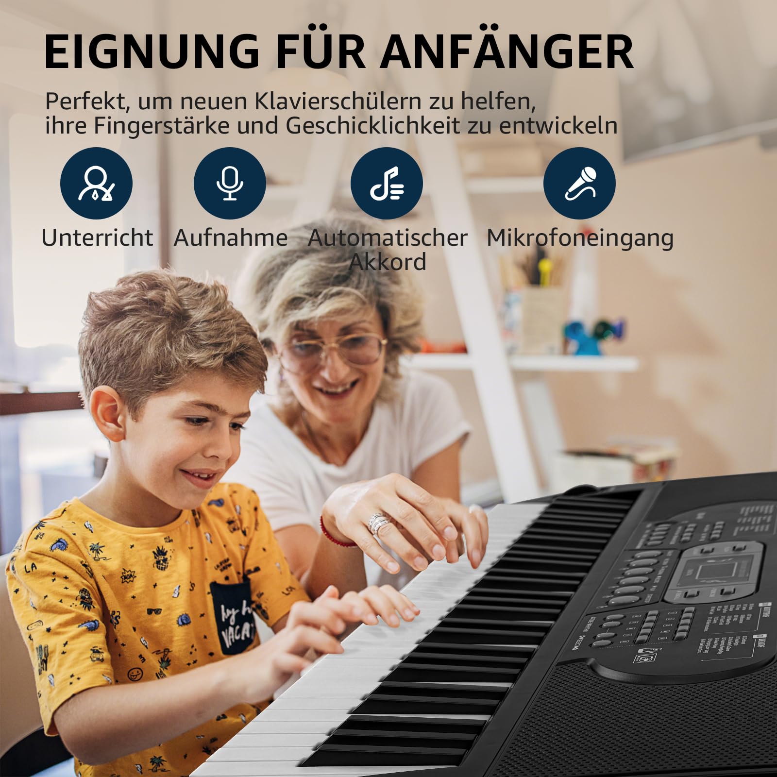 Digital Piano 61 Tasten E-Piano mit Leuchttasten & Hocker | 61 Tasten Lern-Keyboard mit Leuchttasten & USB / AUX Anschluss. Inkl. Ständer, Bank, Mikrofons & Schutzhülle für Einsteiger.