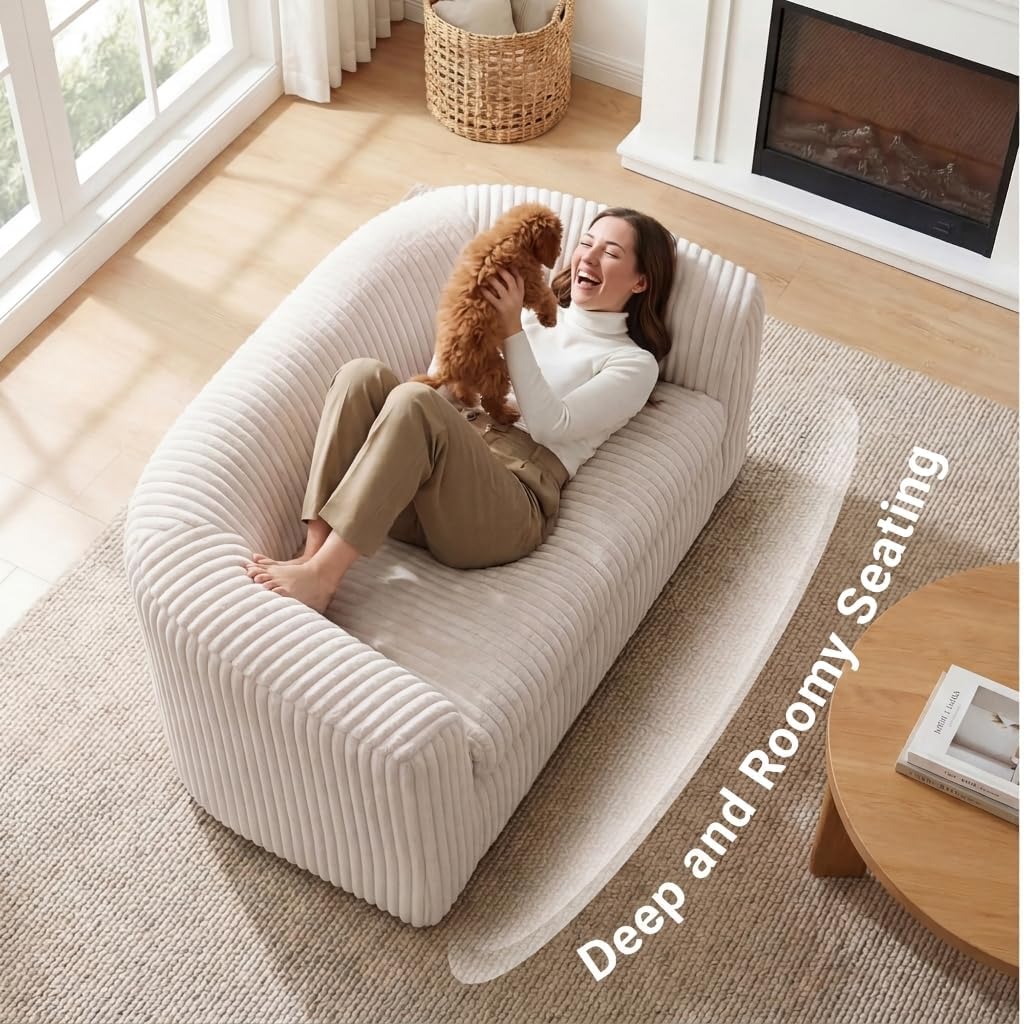 Claiks 55" Bean Bag Sofa Couch, Cloud Loveseat Boneless Couch in a Box, Upholstered Small Mini Sofa with Deep Seating for Living Room Bedroom Office Apartment, No Assembly Required, Beige