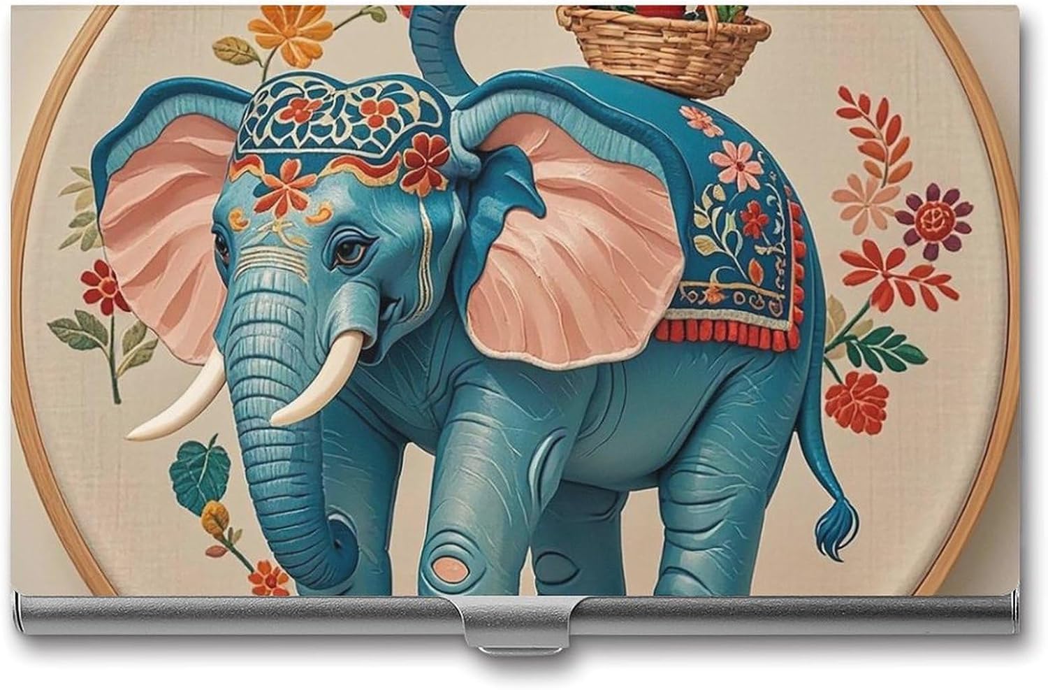 With Embroidered Elephant Business Card Case for Women Or Men Snaps Closed Portable Name Holder Credit Card Holder for Business Meeting Use