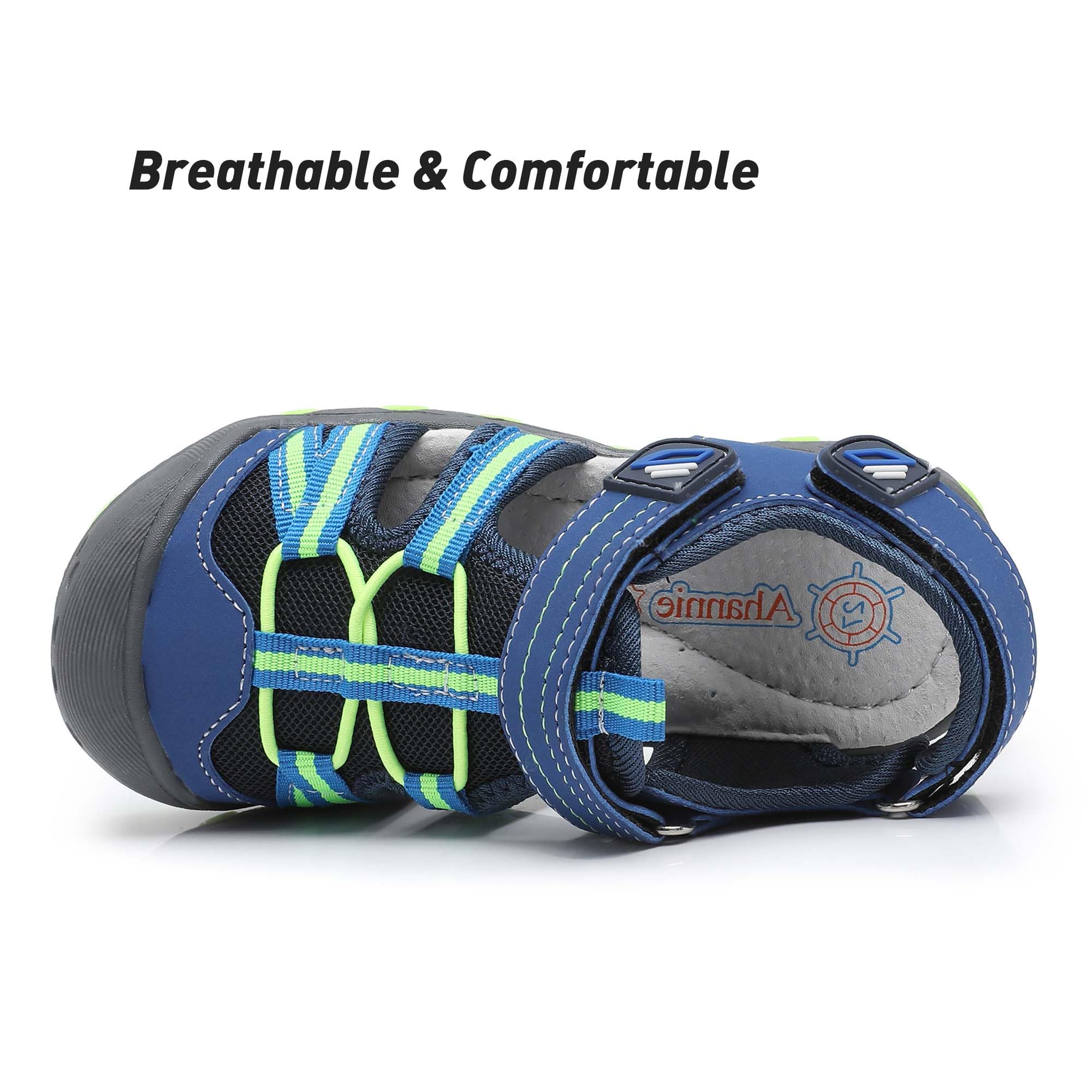 Ahannie Sandalias deportivas al aire libre para niños pequeños/pequeños con puntera cerrada verano sandalias de playa, (Azul Marino/Verde), 28 EU
