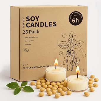 Crenovo Unscented Soy Tea Lights Candles - 25 Pack, 6 Hour Burn Time