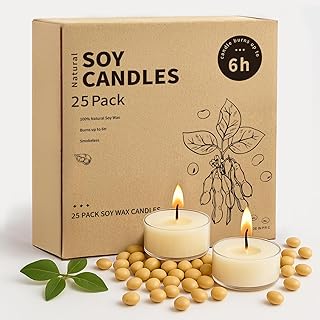Crenovo Tea Lights Candles 25 Pack, Natural Soy Wax Tealights Candles Bulk 6 Hours Non-Toxic, Long Burning, Unscented Small Votive Cup Candles for Wedding, Party, Dinner, Emergency