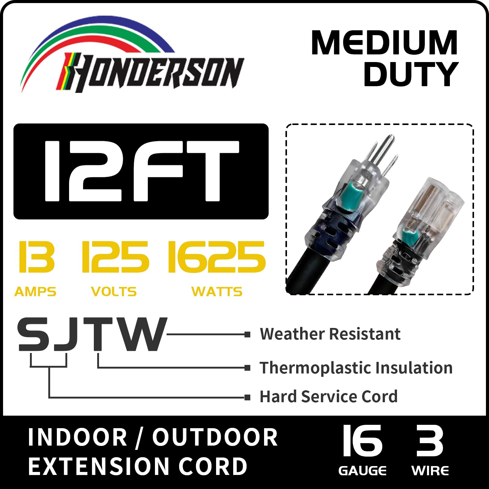 Cable de extensión para exteriores con iluminación de Navidad de 12 pies, 16/3 – Cable de extensión SJTW de calibre 16 de 3 puntas con enchufe de tierra de 3 puntas para mayor seguridad,