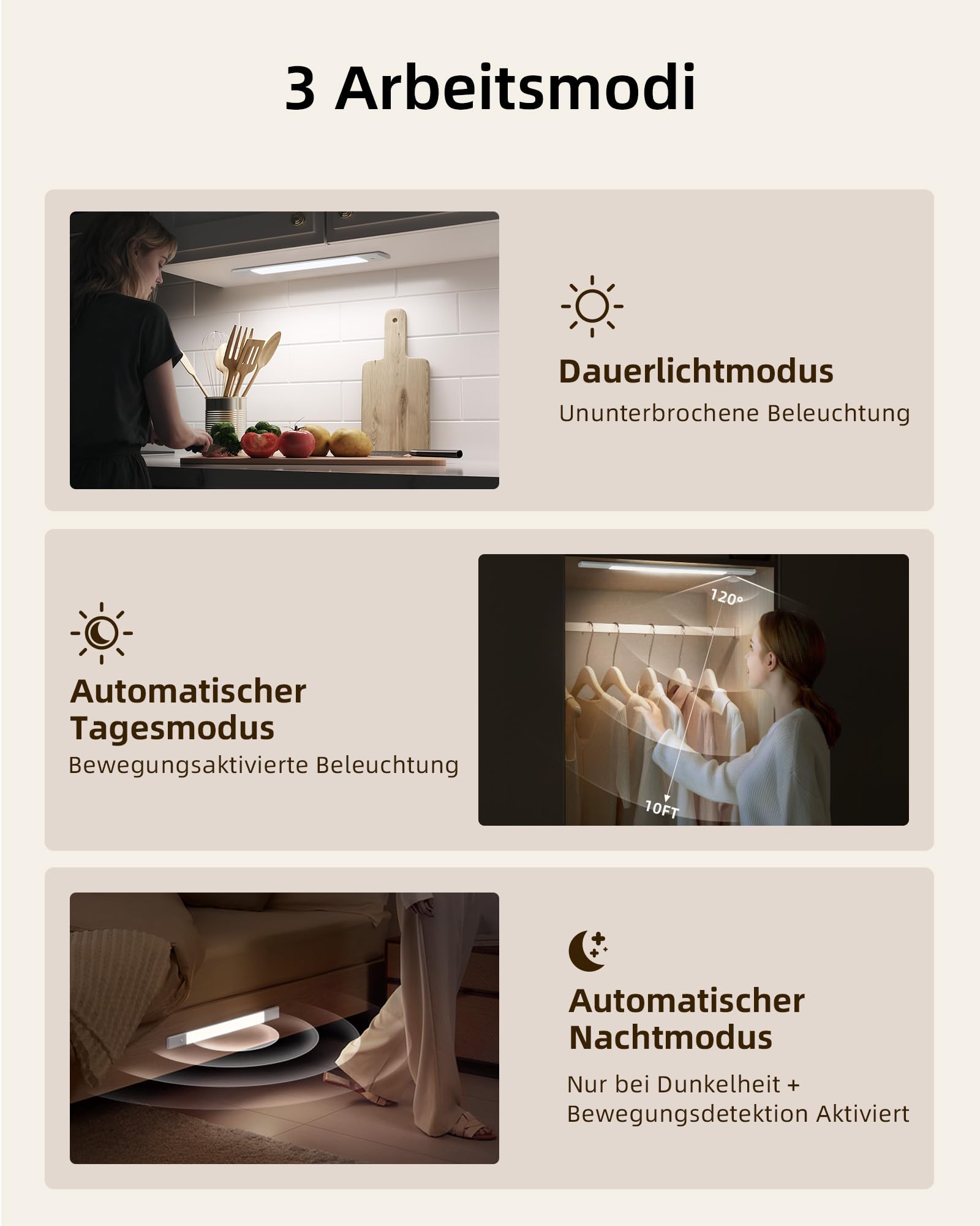 Spacnana Unterschrank-Sensorlicht - Kabellos, Wiederaufladbar, Dimmbar, 3 Farben, 40 Cm