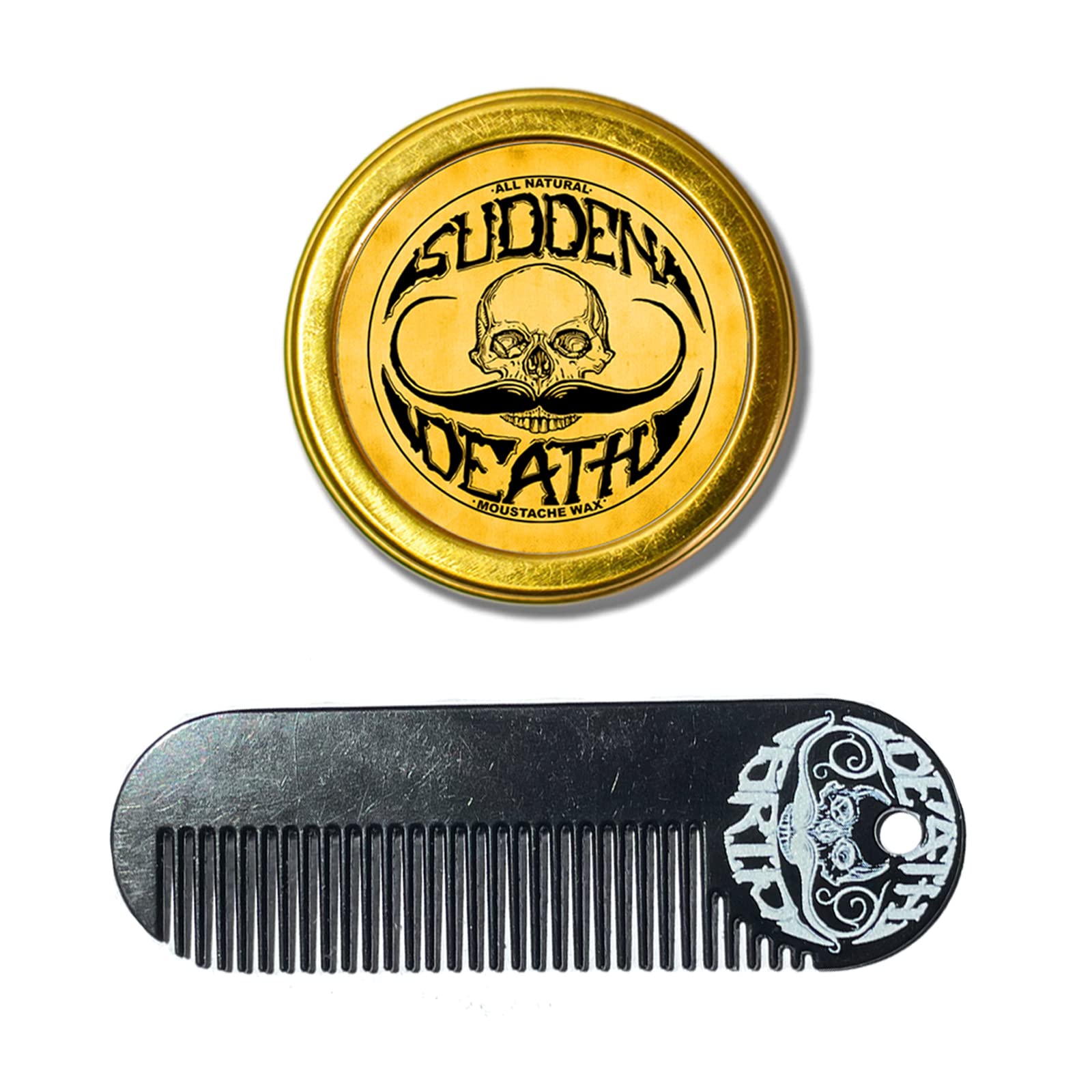 The Vintage Beard Company Sudden Death Strong Hold Mustache Wax and Death Grip Mustache Keychain Comb Set
