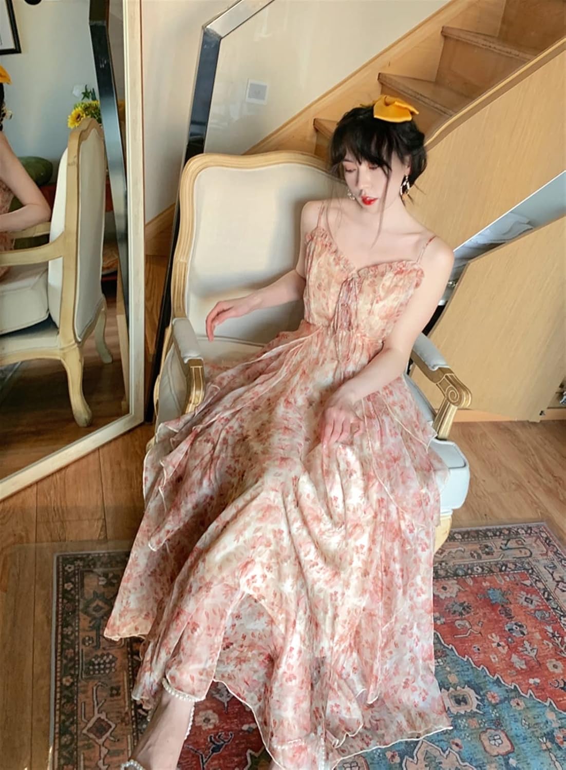 プリントドレス女性ヴィンテージレースアップコルセットビーチ夏 (Color : White Cardigan, Size : S(4