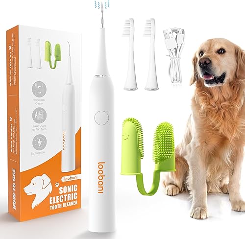 LOOBANI Kit de limpieza de dientes de perro, recargable Sonic Electric, blanco, incluye raspador de dientes, 2 cabezales reemplazables, cepillo de