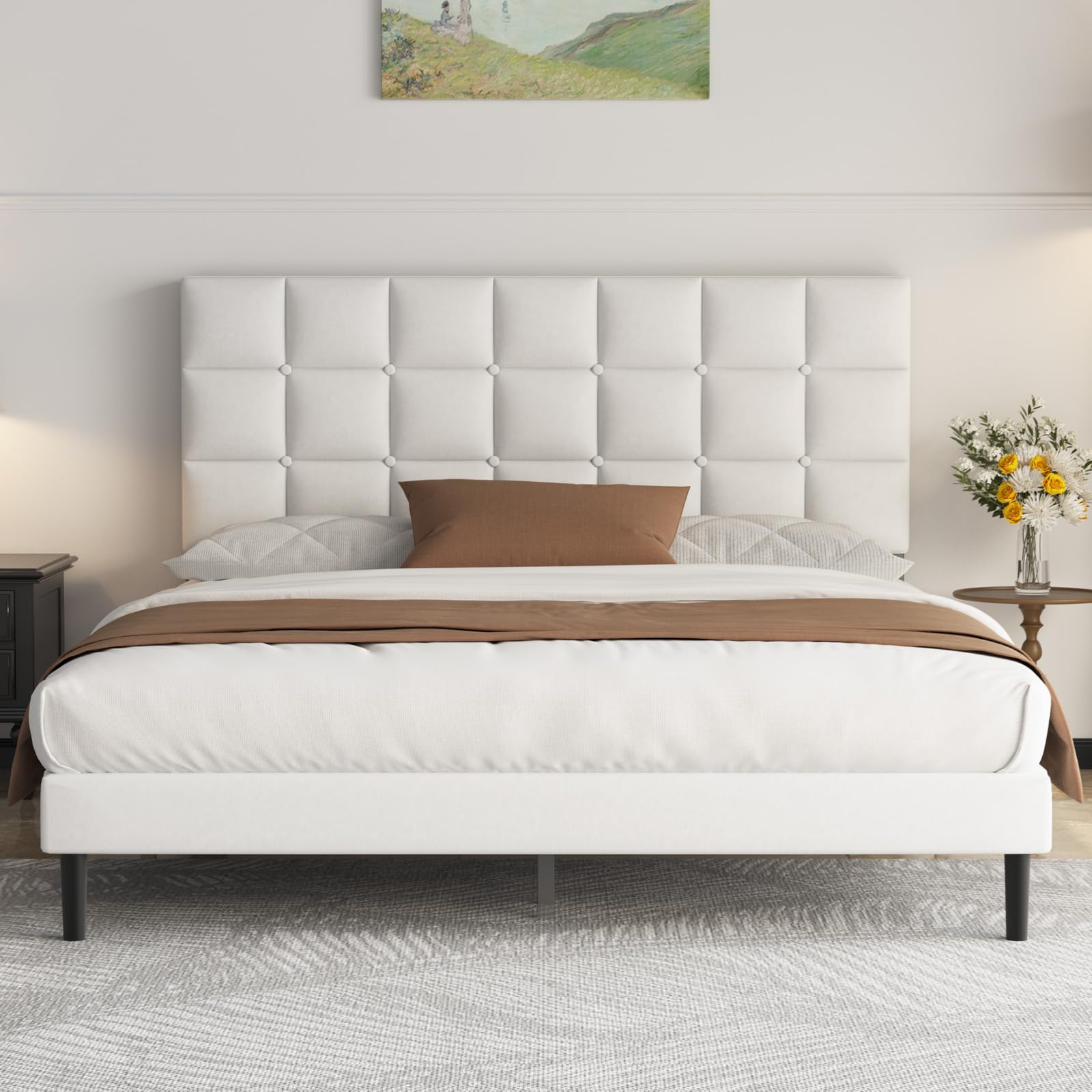 Yocreat Polsterbett 160x200cm Doppelbett, Bettrahmen mit Kopfteil und Lattenrost, Höhe 30 cm Bettgestell, Weiß