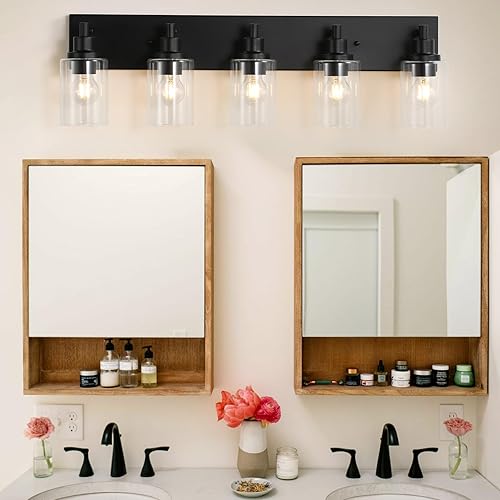 Miniatura 2 de LOUSACE Lámpara de tocador de baño de 5 luces, lámparas de baño negro mate sobre el espejo, iluminación moderna de baño con pantalla de vidrio