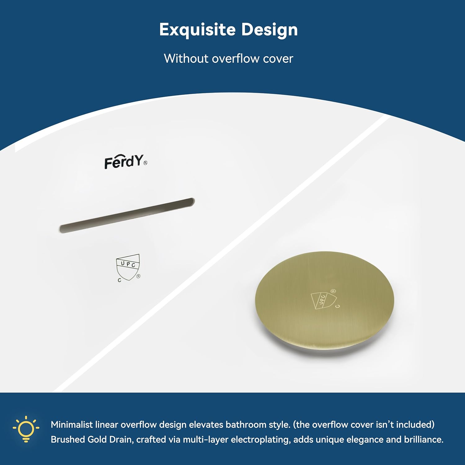 FerdY Lana'i 60" Freestanding Bathtub, Gracefully Shaped Freestanding Soaking tub, cUPC Certified, Brushed Gold Drain Assembly Included
