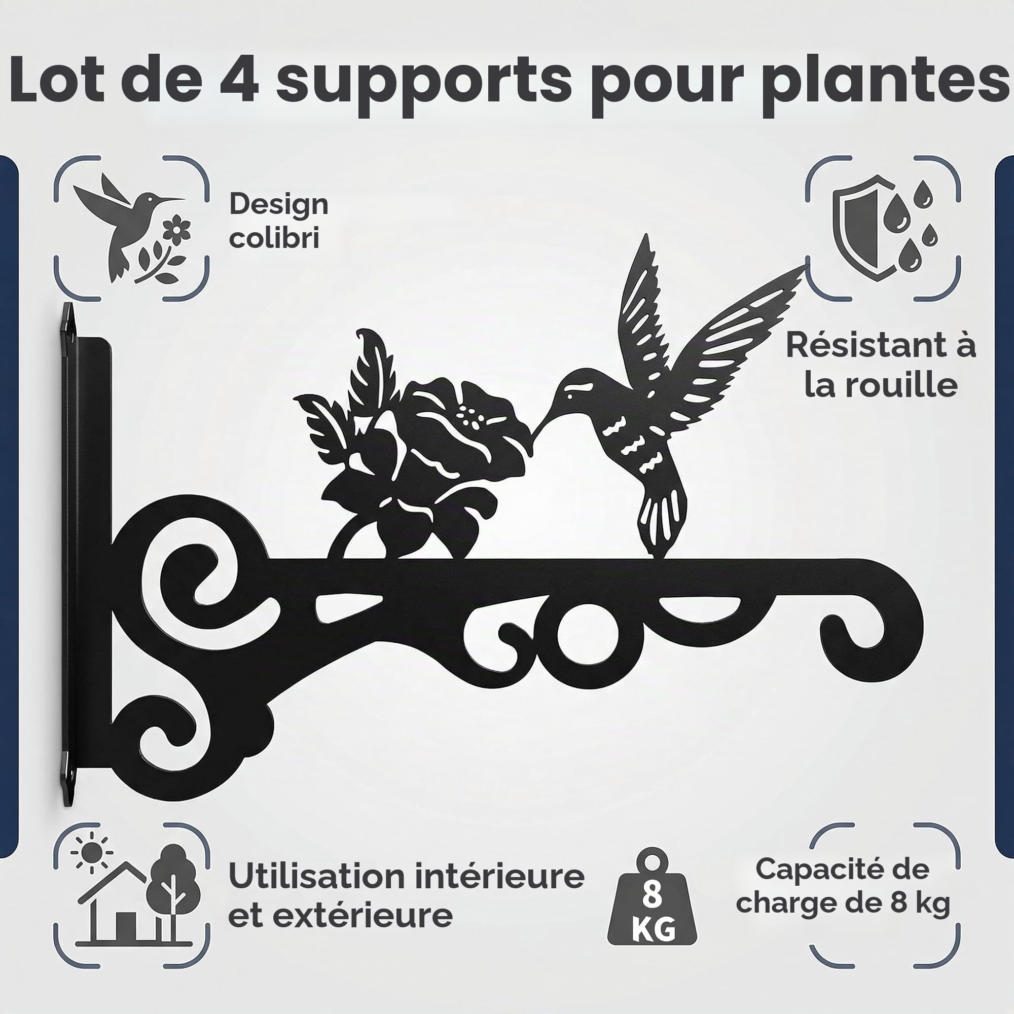 LATERN 4 Pièces Supports pour Panier Suspendu, 25CM x 15CM Colibri Crochet Mural en Métal pour Panier Suspendu Extérieur avec Vis pour Mangeoire à Oiseaux, Lanterne, Carillon, Jardinière, Pot de Fleur