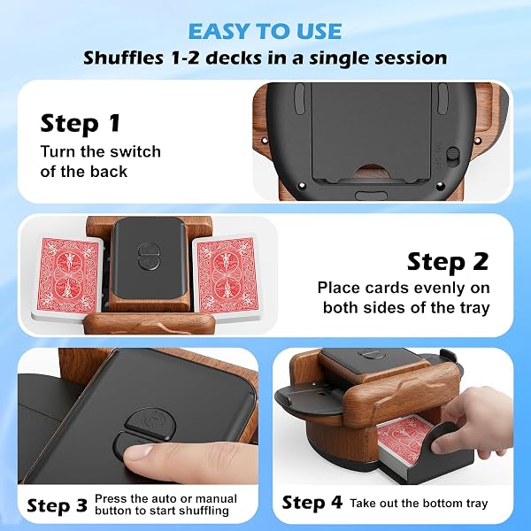 Mescolatore automatico di carte con 2 modalità – Compatibile con poker, bridge, UNO e altro – Batteria ricaricabile, contenitore ribaltabile e portatile per serate di gioco (legno) - 4
