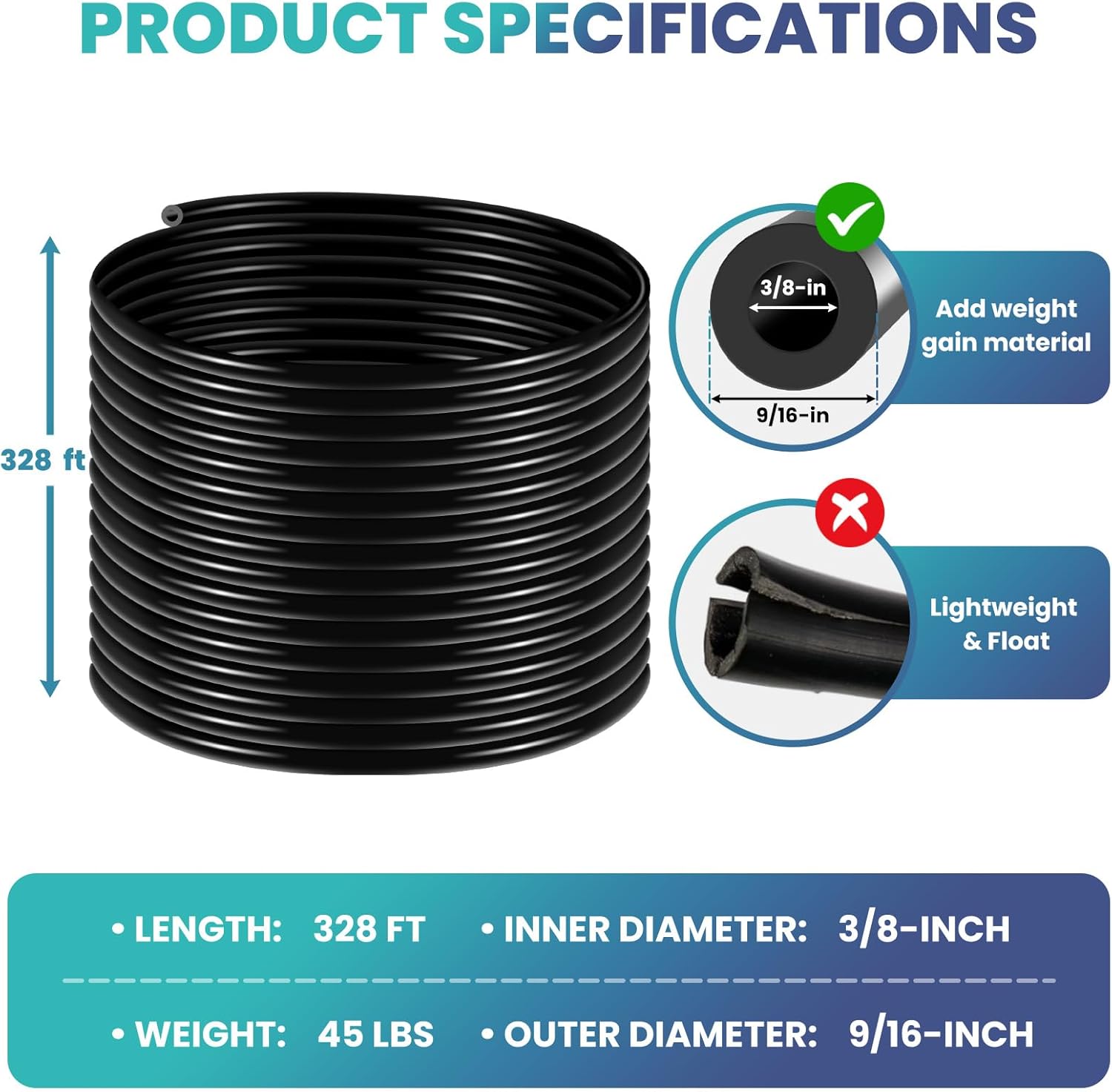 Self Sinking Aeration Hose,3/8 inch, 325 Feet Pond Aerator Hose Kit with 4 Copper Menders and 4 Stainless Steel Use for Aquaculture,Garden and Lake Aeration of Aquaculture Aeration Tubing