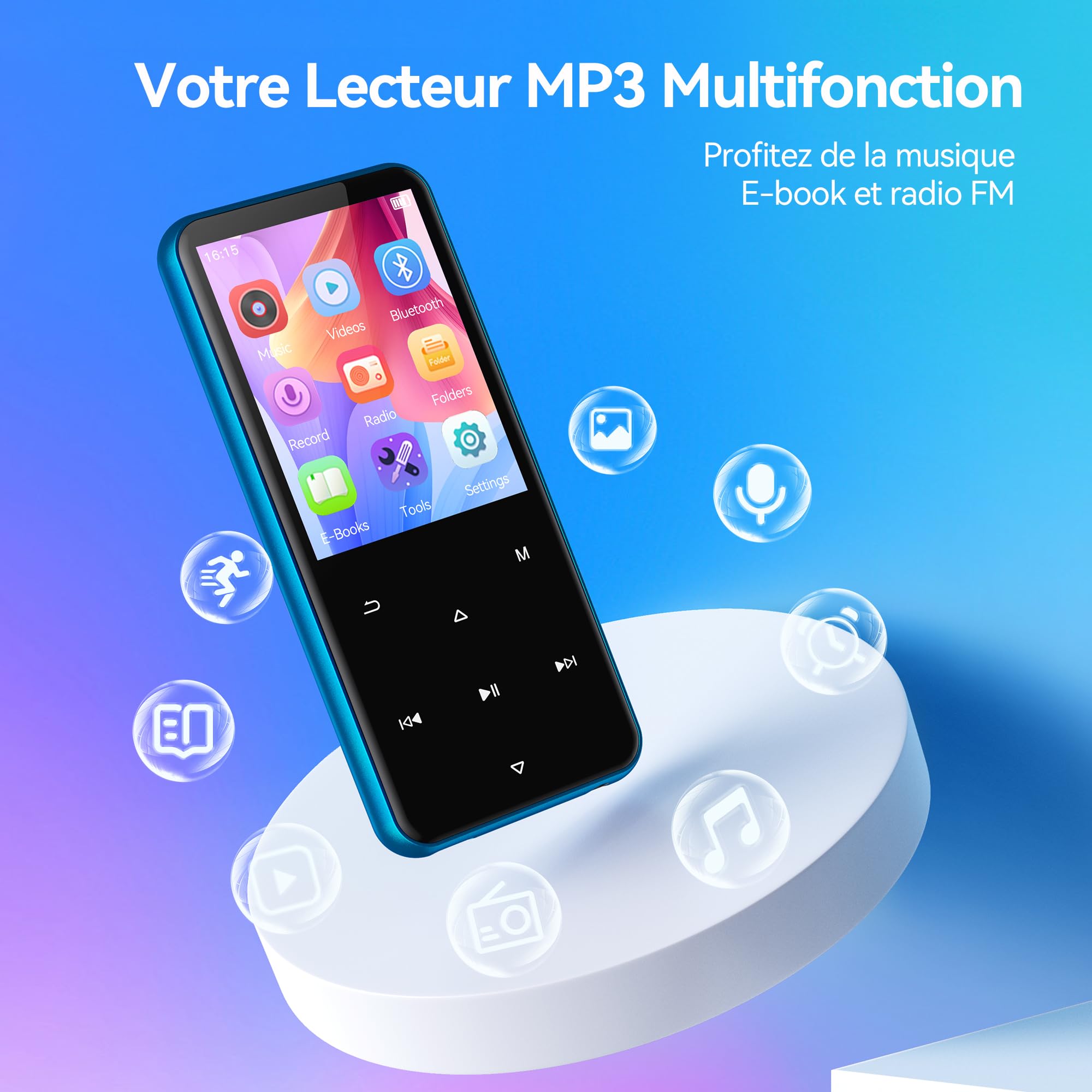 AGPTEK 2.4" Grand Écran MP3 Bluetooth avec Haut-Parleur, avec Etui Rigide en Matériel EVA