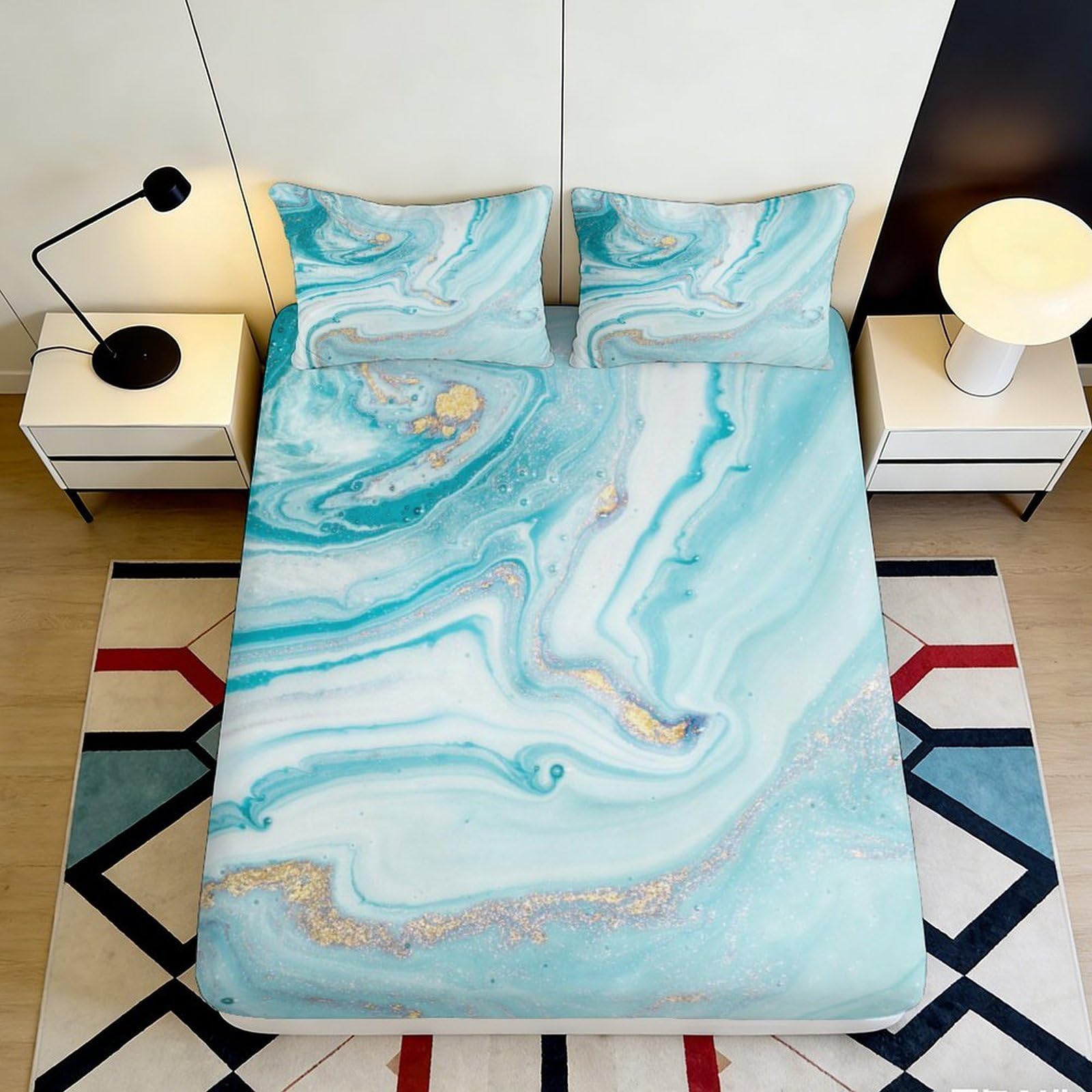 3D Printed Aqua Marble Fitted Sheet Microfiber Soft Bedroom Decor Turquoise Gold Swirl Mattress Cover for Home 90x200x25cm