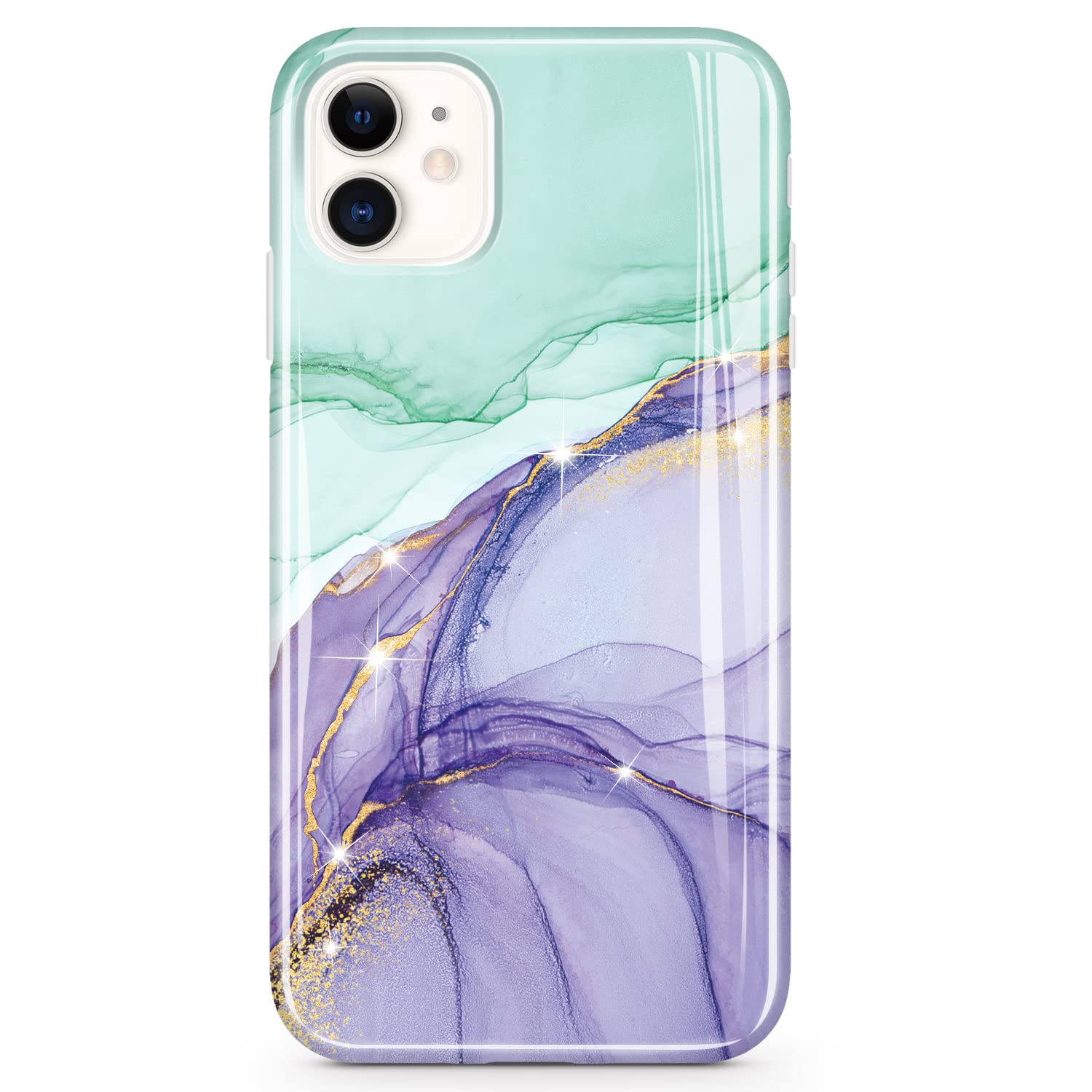 JAHOLAN iPhone 11 Case Bling Glitter Sparkle Marble Design Clear Bumper Protective Cover TPU Shockproof Flexible Soft Rubber Silicone Phone Case for iPhone 11 6.1 inch - Green Purple