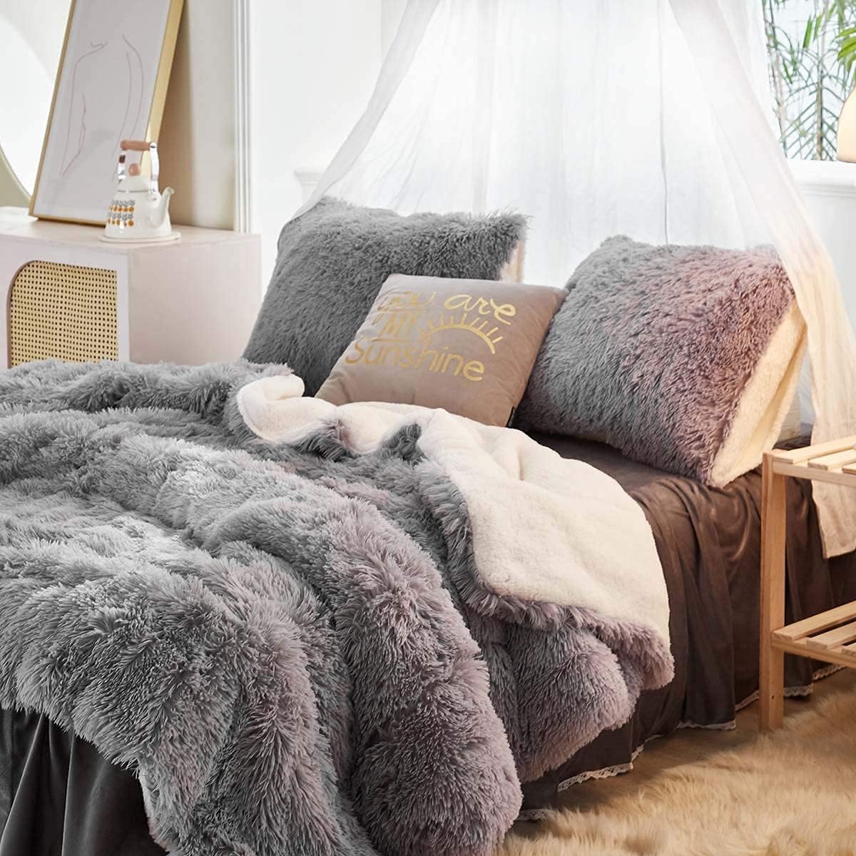 Flysheep Luxury Faux Fur Shaggy Comforter Set King Size, Plush & Sherpa Reversible Comforter Grey, 3 Pieces Fluffy Fuzzy Bedding Set Ultra Soft and Warm for Winter (1 Comforter + 2 Pillowcases) - Image 2