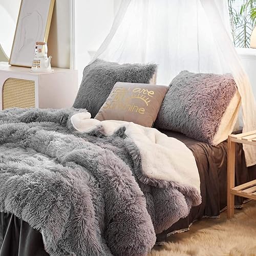 Miniatura 2 de Juego de edredón de lujo de pelo sintético lanudo tamaño individual, edredón reversible de felpa y sherpa, color gris, juego de ropa de cama mullido