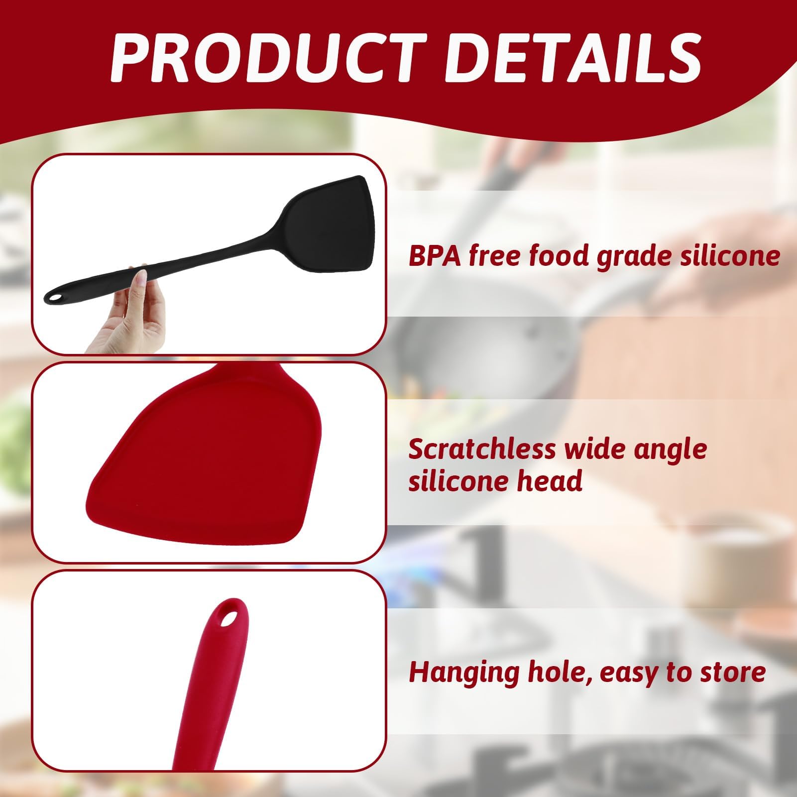 Set 2 Spatole In Silicone Per Cucina - Senza BPA, Antiaderenti, 32.5 Cm, Nero E Rosso - Foto 4