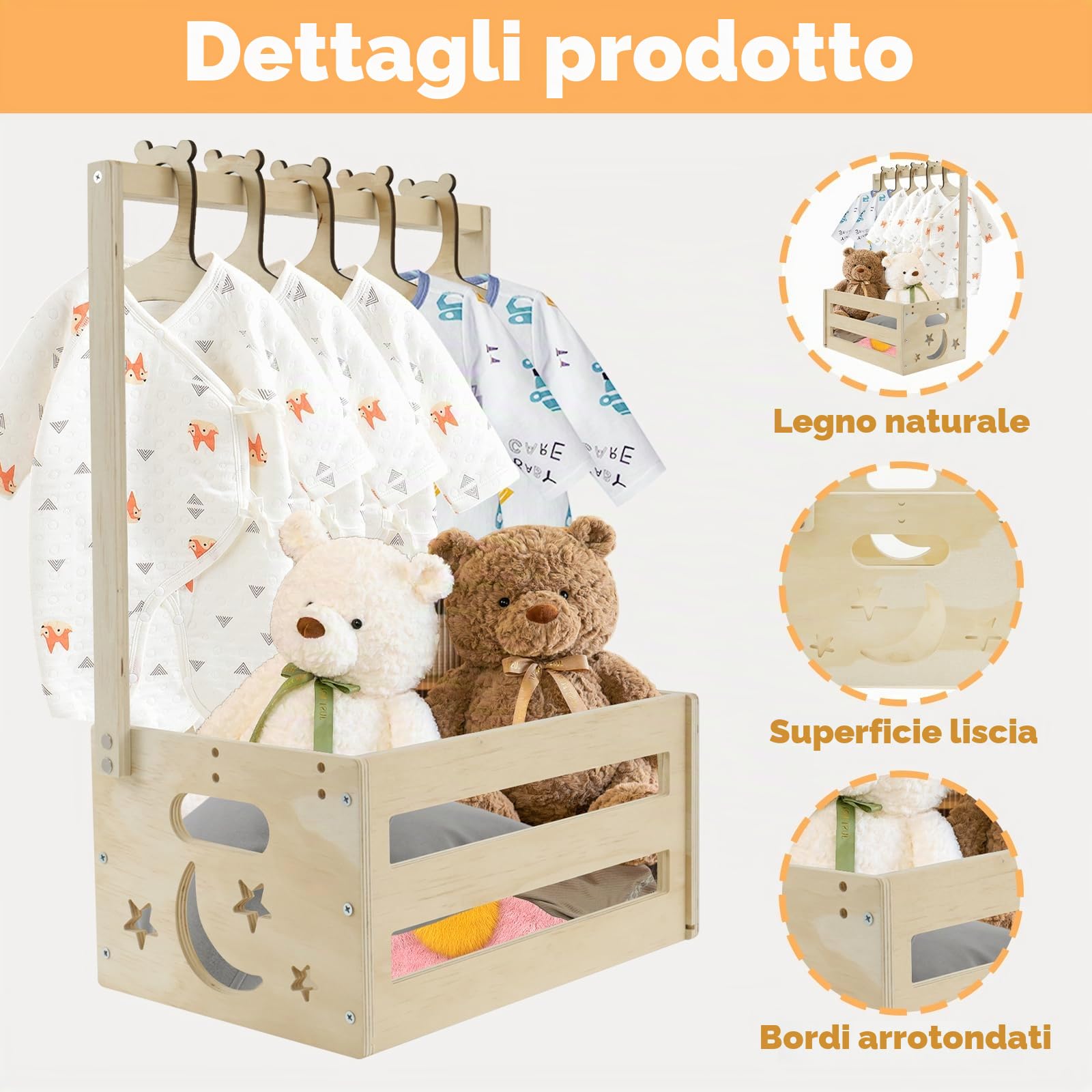 Cesto regalo per bambini in legno cestino armadio per bambini con manico e 5 grucce in legno baby shower armadio per compleanni Natale nuovi genitori