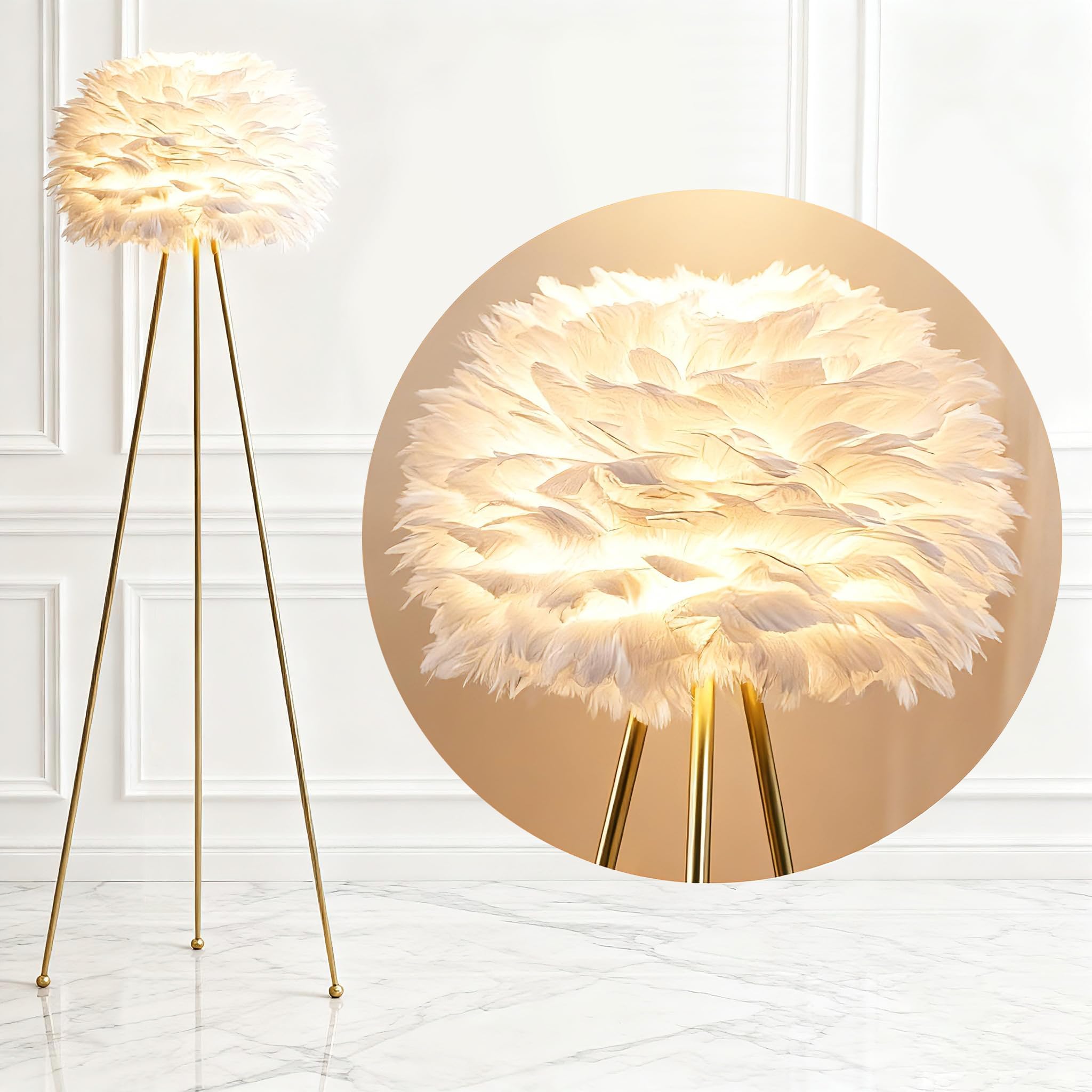 Maxax 60" Feather Floor Lamp for Living Room, Tripod Floor Lamp with White Feather Shade, Modern Brass Gold Standing Light for Bedrooms Dining Room