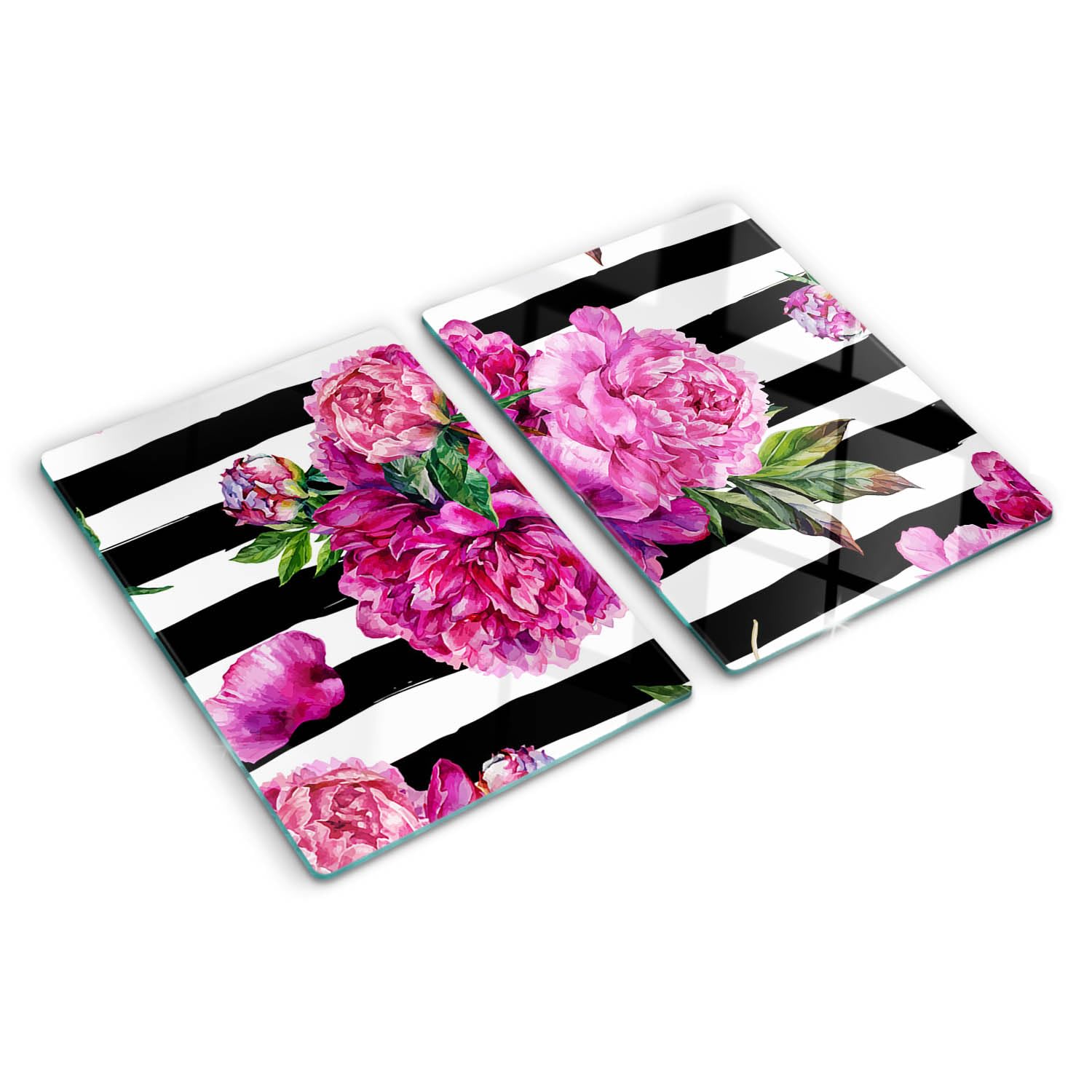 Glass Kitchen Board 2x40x52 cm Rectangular Glass Easy to Clean Food Contact Bacteria-Resistant Printed Smooth Surface Stain and Heat Resistance Grip Feet Polished Edges - Pink Peonies