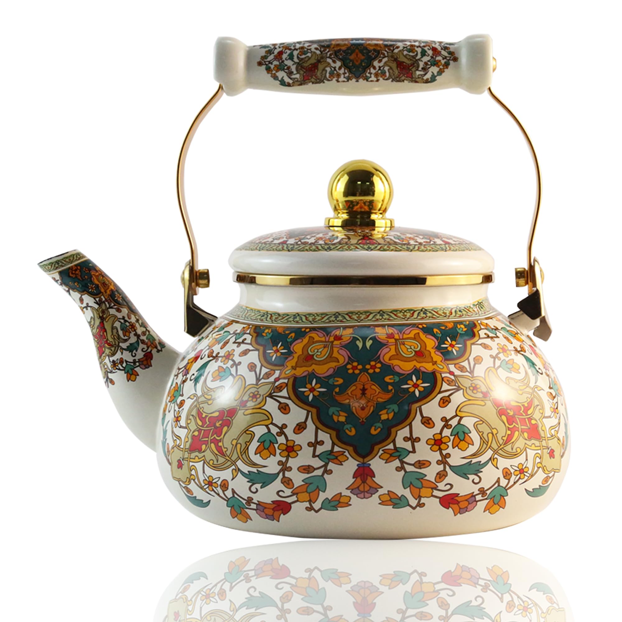Leebright Floral Enamel Tea Kettle Vintage Gold Beige Teapot - tea kettles | Mubboo