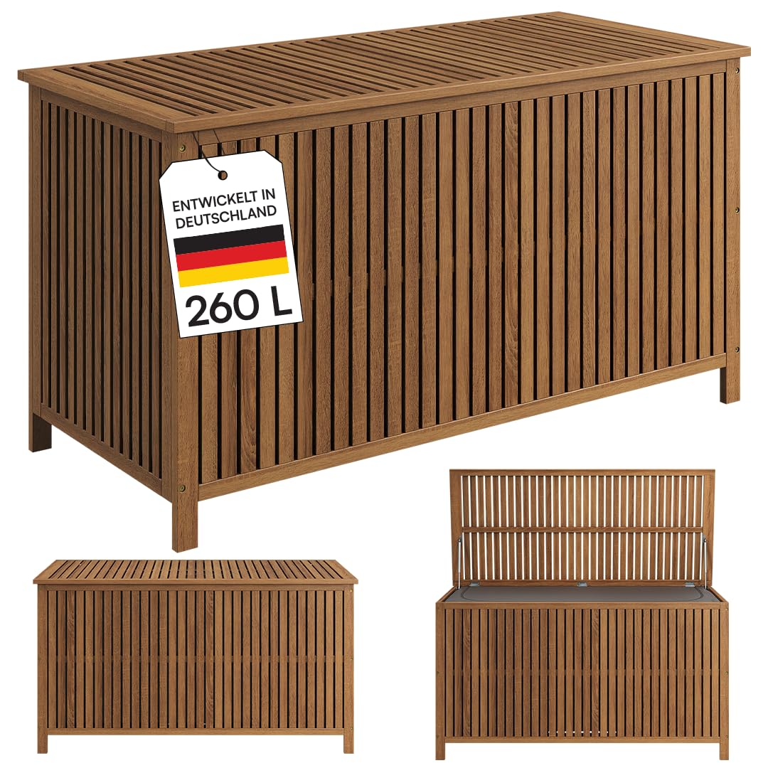 STEELSØN Alkes Aufbewahrungsbox aus geöltem Akazienholz – Auflagenbox mit hochwertiger Innenplane – Outdoor Kissenbox mit klappbarem Deckel – Sitztruhe sicherer Halt – Gartenbox wetterfest 114x52x59cm