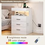 Treocho Led Nightstand with Hidden Space, Modern Night Stand with Charging Station, 3 Drawer Smart Nightstand with Glossy Finish, Tall Bedside Table with RGB Lights for Bedroom, White