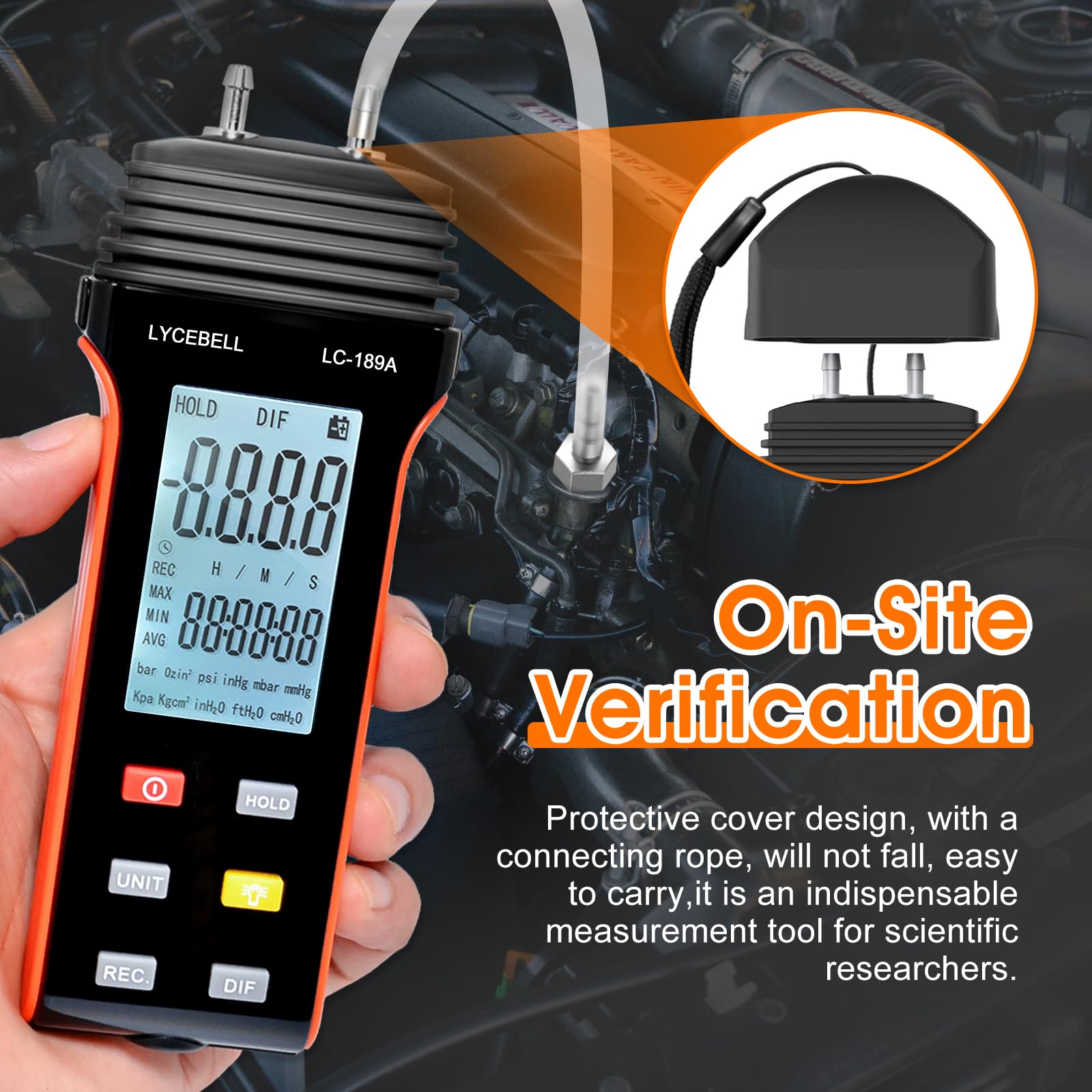 LC-189A Manometer, Digitales Luftdruckmessgerät, Differenzdruckmessgerät, HVAC-Gasdruckmessgerät, Geeignet für die Luftdruckmessung (Schwarz + Orange)