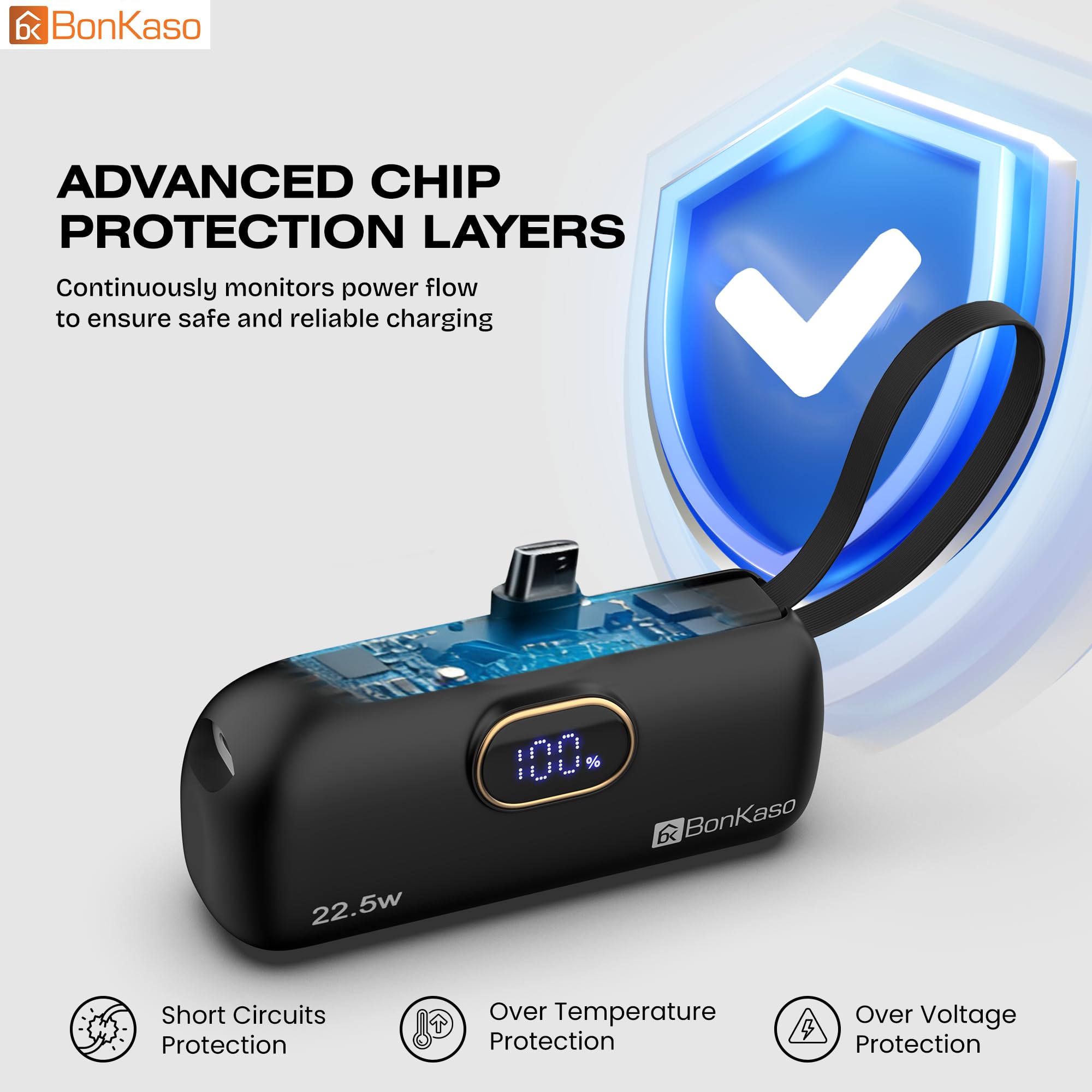 BonKaso 5000mAh Mini Power Bank 22.5W PD Fast Charging, USB-C Type-C Input/Output, Built-in i5 Cable, Digital LED Display, Compact Pocket Portable Charger for iPhone & Android – Black — Amazon image 4