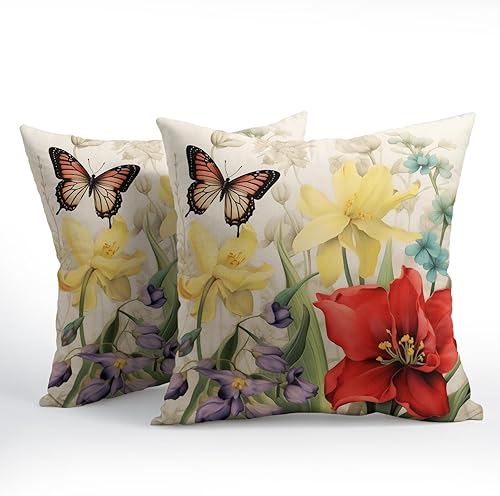 Miniatura 2 de Juego de 2 fundas de almohada decorativas de primavera y verano para exteriores de 18 x 18 pulgadas, fundas de almohada de algodón y lino para sofá,