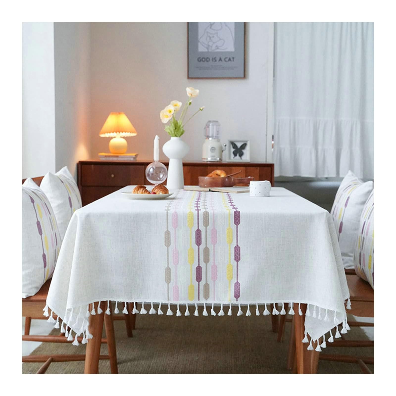 Gualiy Mantel Poliester Rectangular, Mantel Mesa de Comedor 140x200CM Manteles de Mesa Antimanchas Patrón Geométrico con Borlas Mantel para Mesa Salon, Rosa Morado