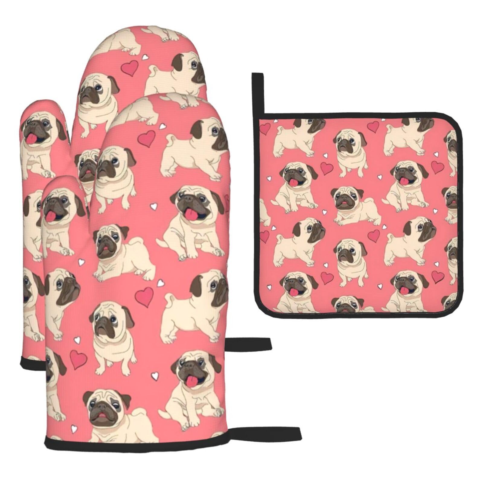 Funny Cartoon Pug Puppy Dog Print Oven Kitchen Gloves For Baking Outdoor Grilling Home Use Mitts Microwaving Bbq