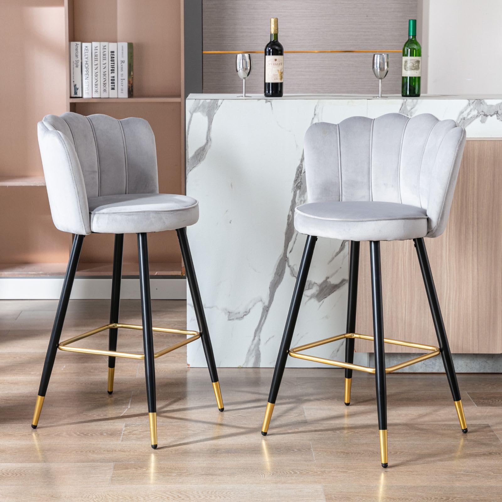 Juego de 2 Taburetes Alto con Cojin y Respaldo Comodo, Taburete de Cocina de Terciopelo con Patas de Metal, Taburete Alto para Bar/Restaurante,Gris