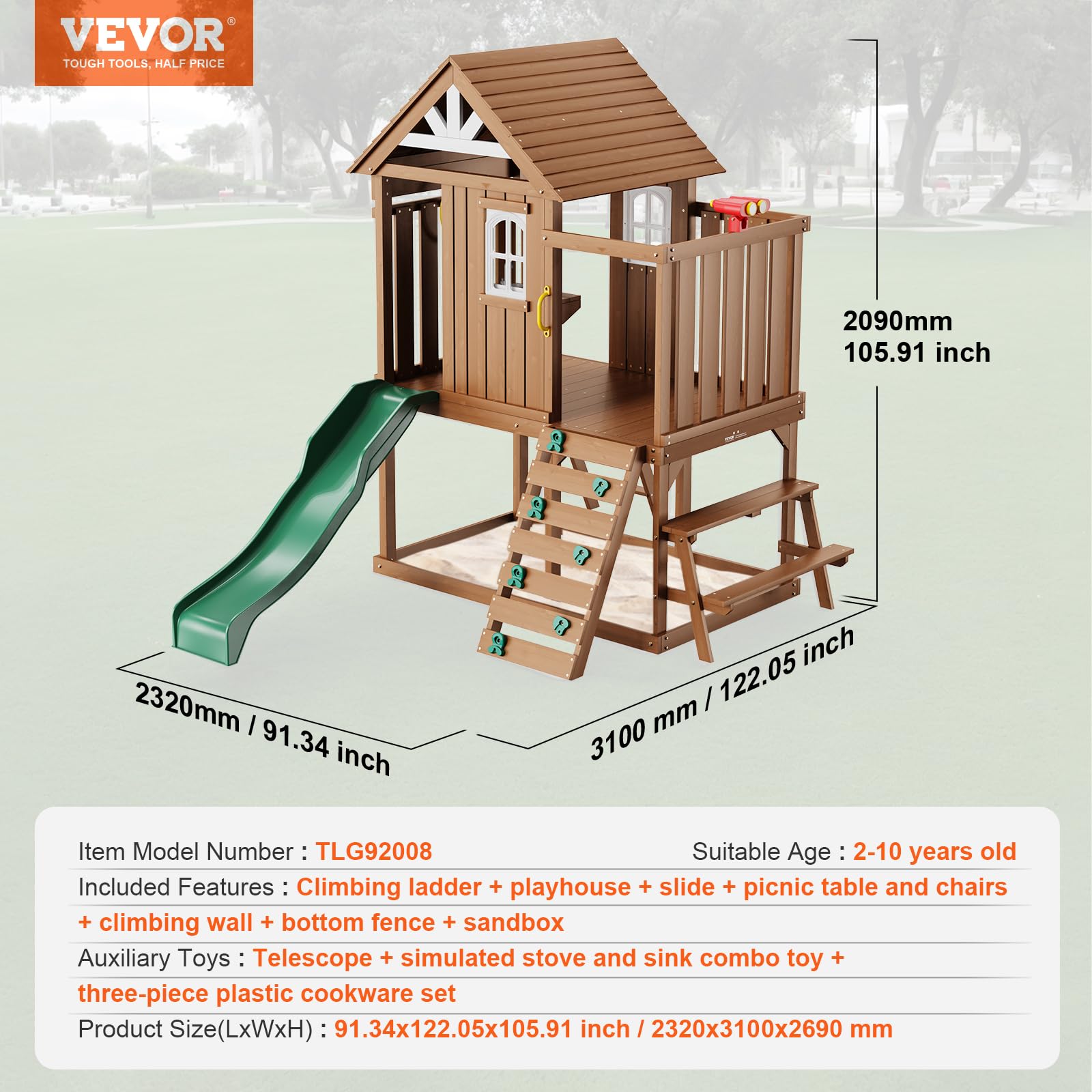 VEVOR Casetta da Gioco per Bambini da Esterno in Legno (Grigio, 2,32P x 3,1l x 2,69H metri)