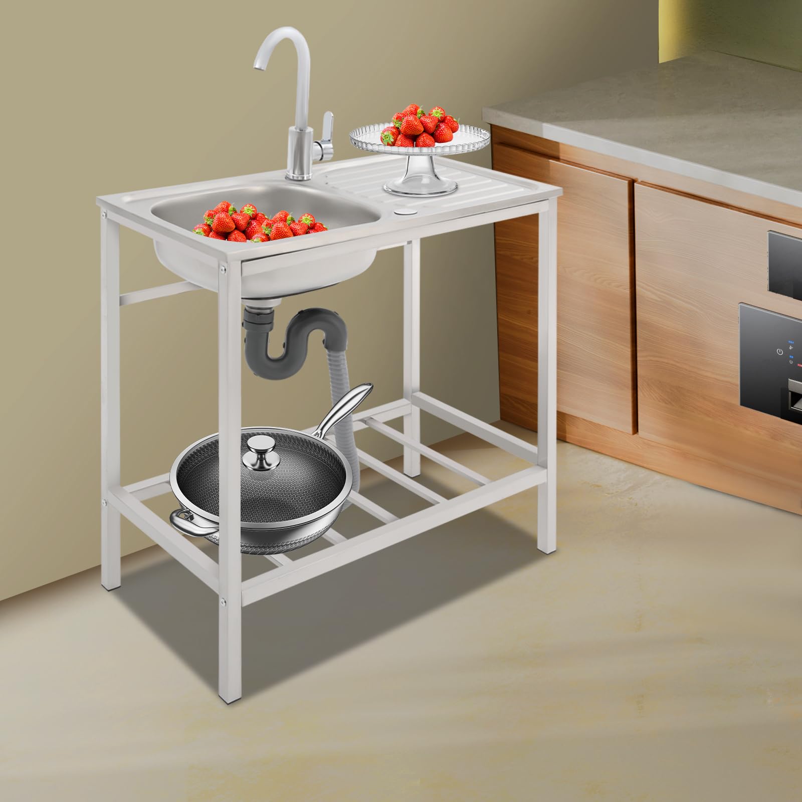 Fregadero independiente 75 x 40 x 75 cm, lavabo de jardín, fregadero con grifo, tuberías de entrada y desagüe, color plata