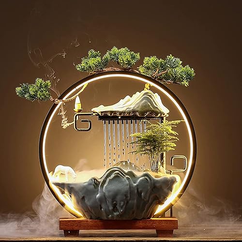 Fuentes de agua de mesa, cascada interior con LED de niebla, fuentes de agua japonesas para interiores para meditación, incluye incienso de reflujo