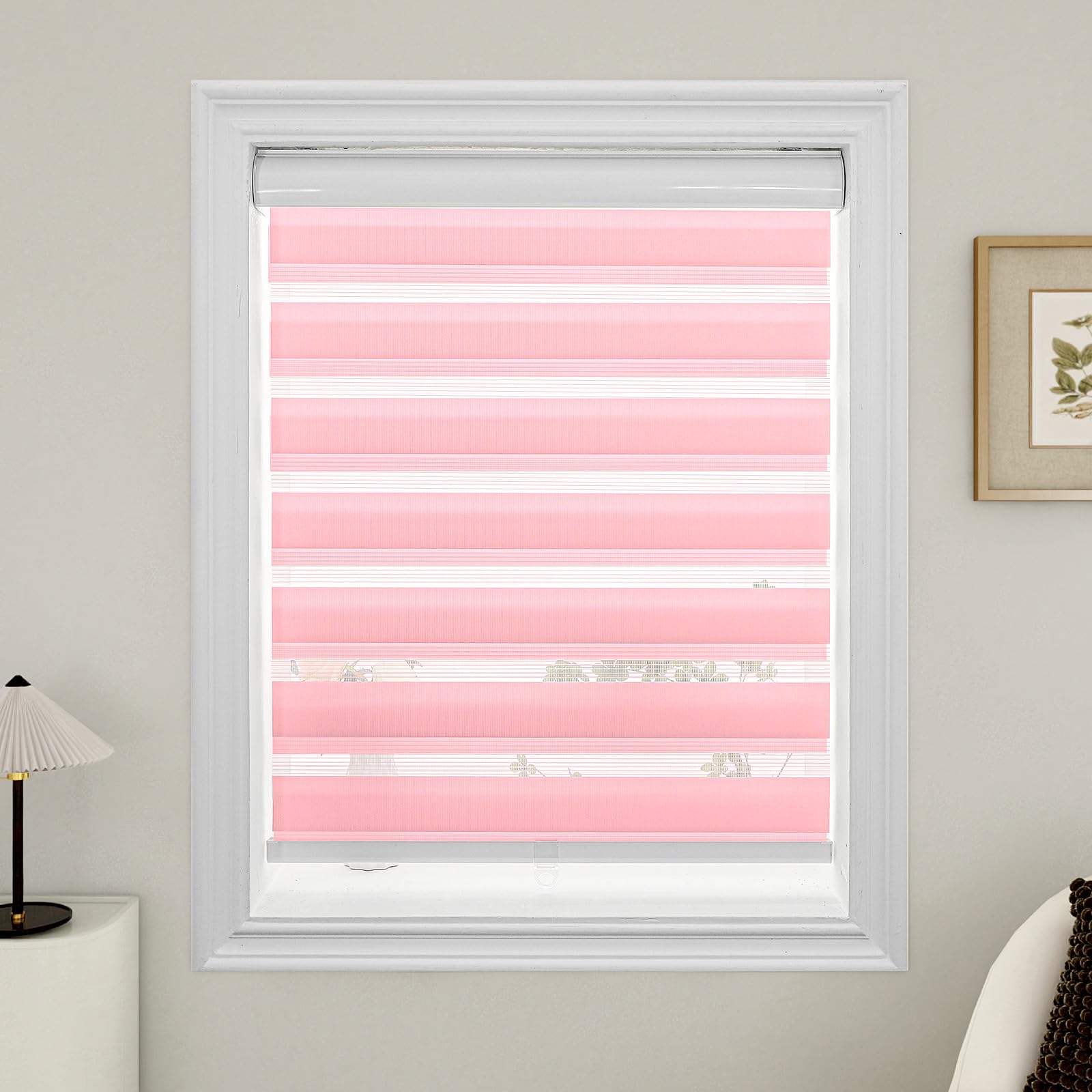 LUSTROWIN Cordless Zebra Blinds for Windows, Dual Layer Light Control Blinds for Indoor Windows, Light Filtering Roller Blinds & Shades, Pink, 37" W x