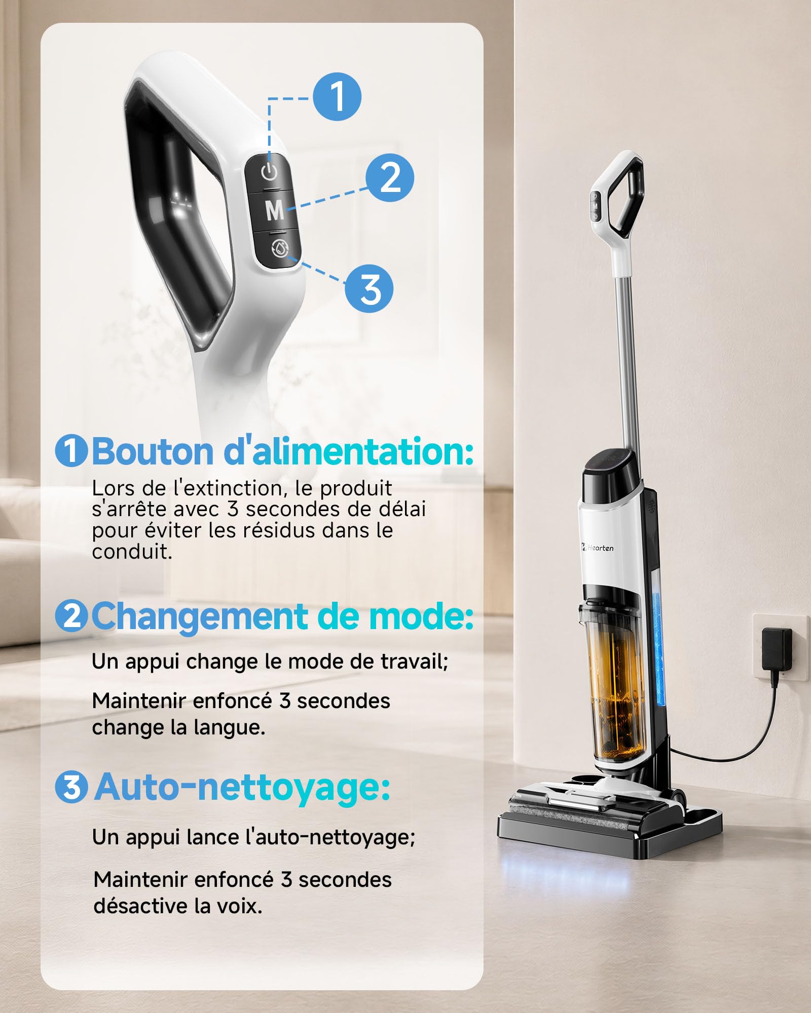 Hearten Aspirateur Laveur 25000Pa à Eau Électrolysée, avec Guidage Vocal.