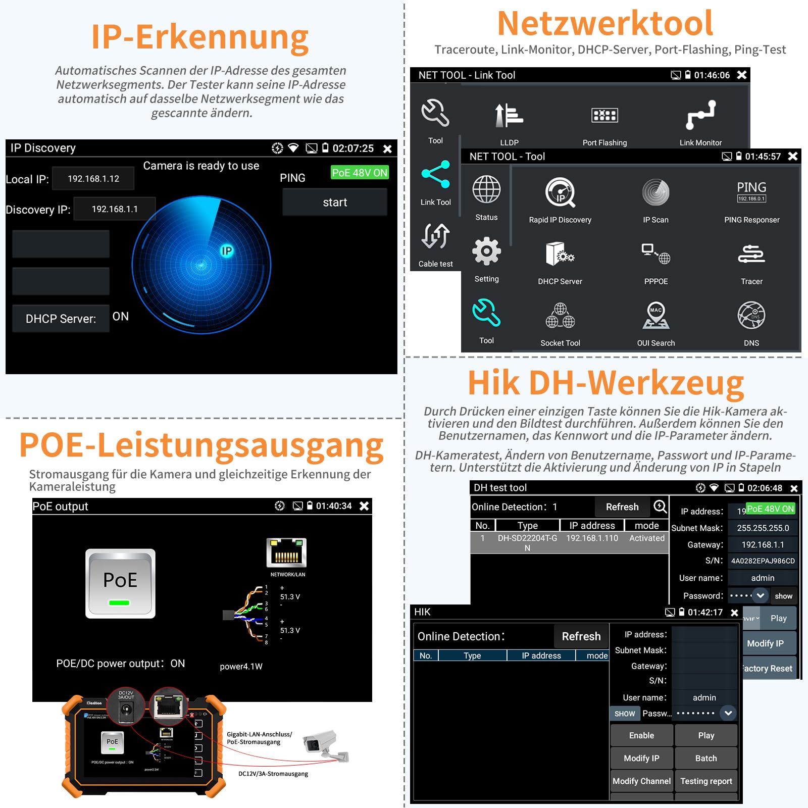 Henkion CCTV-Tester IPC-1910C Plus, 4-Zoll-Touchbildschirm Monitor, 8K 32MP IP und 4K 8MP TVI CVI AHD CVBS Kameratest, IPC Tester Unterstützung ONVIF RTSP POE PTZ WiFi RS485 mit Kabel-Tracker