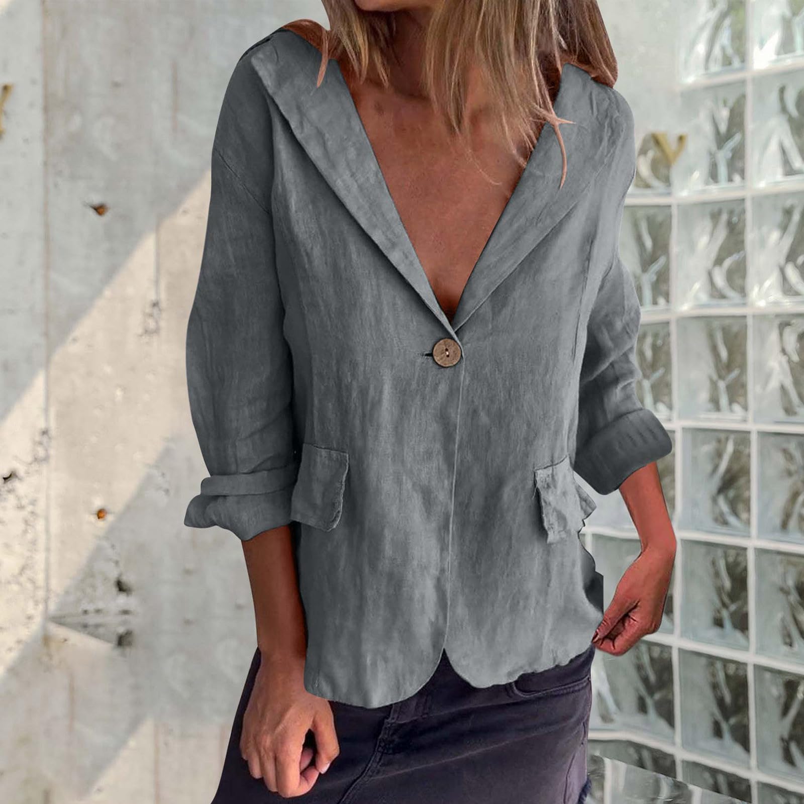 Blazer Damen Elegant Leichte Bürojacke Einreihig Anzug Strickjacke Blazer Revers Vorne Offen Anzug Mantel Business Strickjacke 3/4 Ärmel Leinen Bluse Sommer Leinenbluse Leinenhemd Anzugjacke