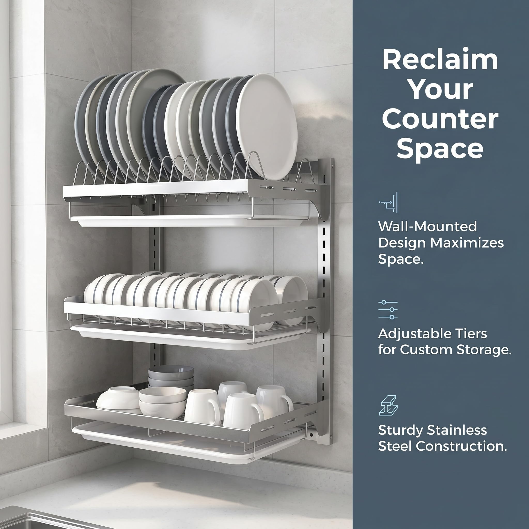 Scolapiatti da parete con scolapiatti a 2 ripiani e 3 ripiani, salvaspazio, design perforato per un drenaggio efficiente
