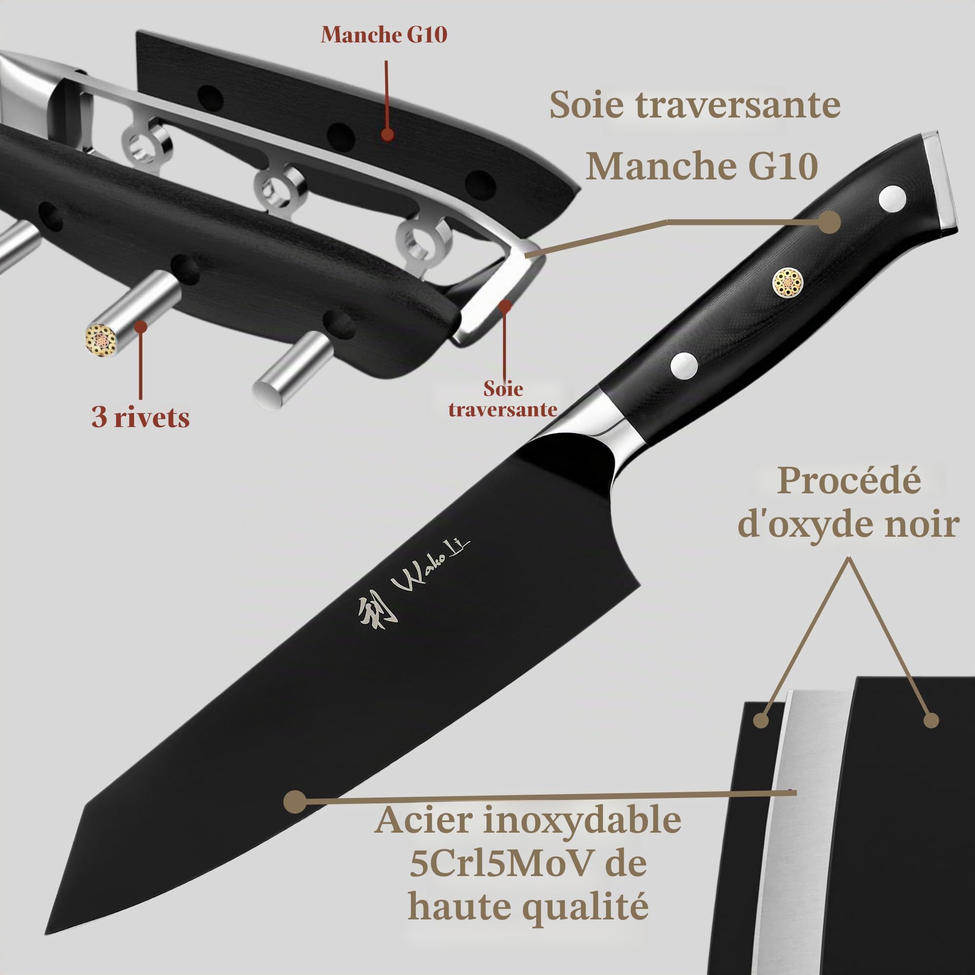 WAKOLI Titanium Noir Set de 3 Couteaux de Cuisine, Manches G10 Full-Tang