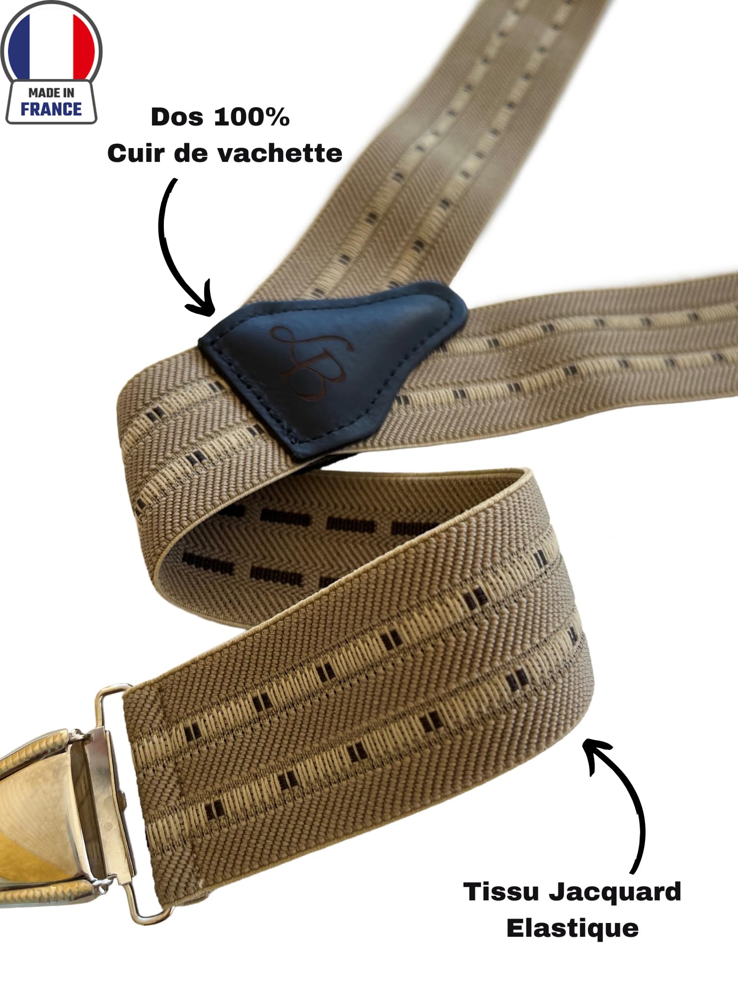 Męskie szerokie szelki wykonane we Francji - Eleganckie i klasyczne ramiączka - tył 100% skóra - wytrzymały elastyczny materiał - 3,5 cm x 120 cm - Mocne zaciski do spodni