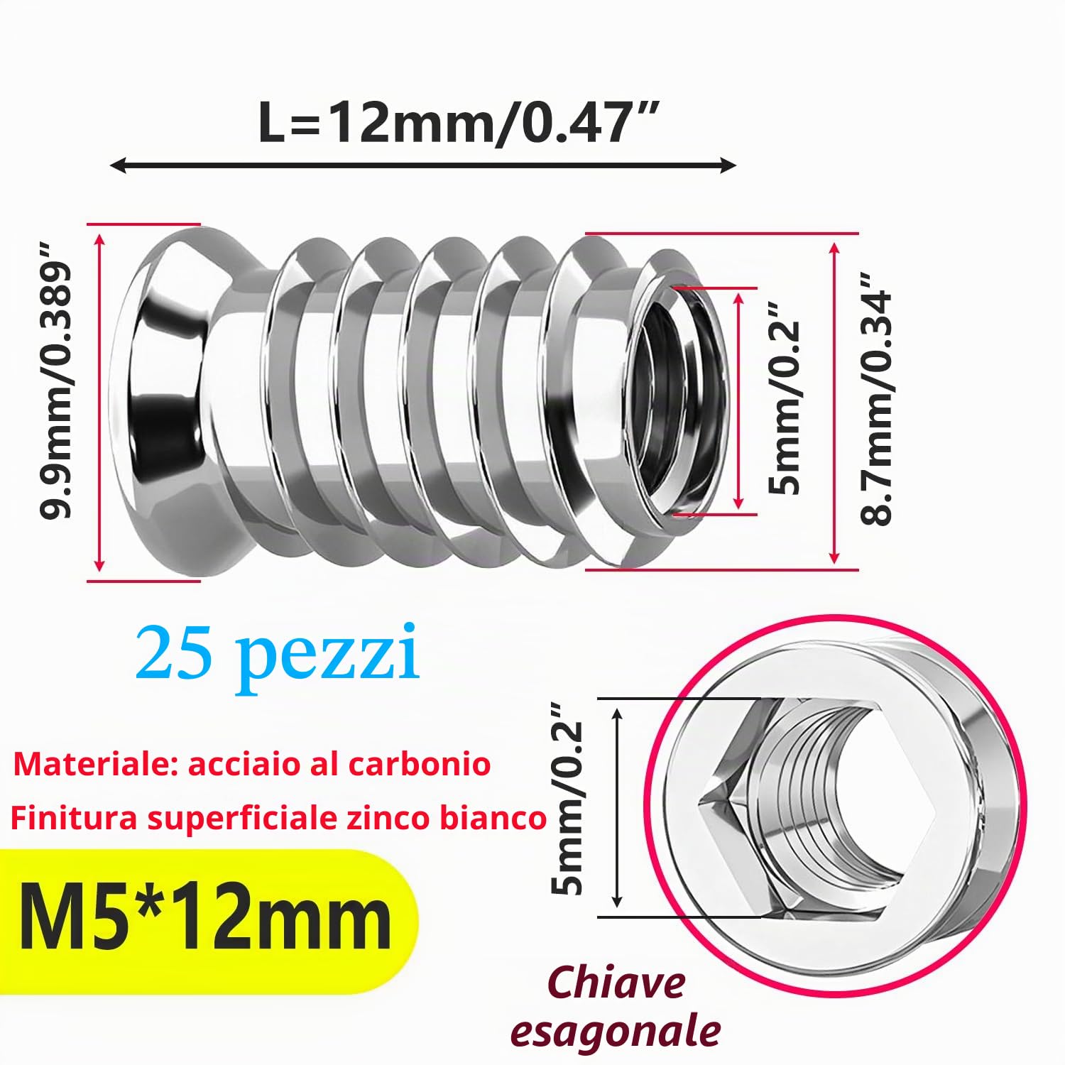 25 Pezzi Dadi Filettati, M5 x 12mm Inserto Filettato in Legno, Dadi Esagonali per Mobili in Legno, Vite a Esagono Incassato in Acciaio al Carbonio