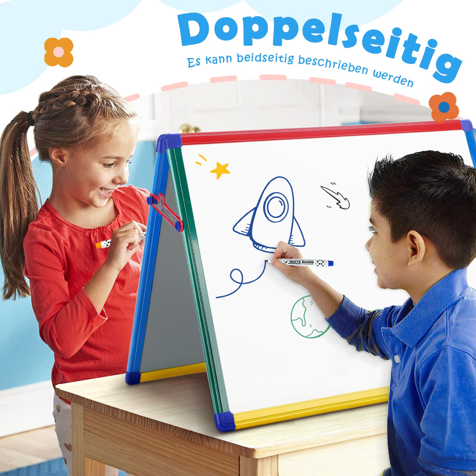 SwanSea Whiteboard Magnetisch 60x45cm, Schreibtisch Magnettafel mit Stiften, Doppelseitig, Tragbar, Zusammenklappbar, Magnet Whiteboard für Kinder, Studenten, Schulbedarf
