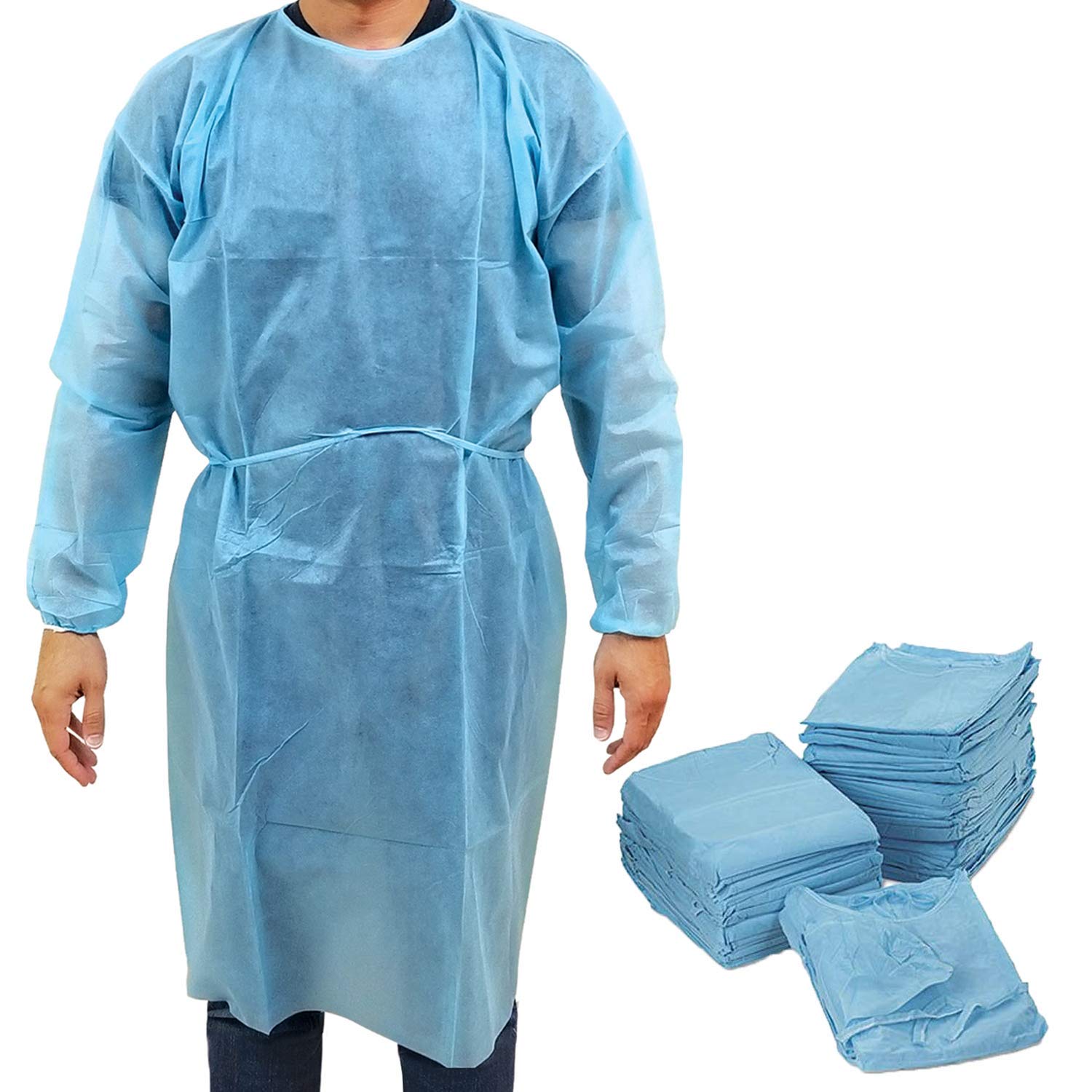 EZGOODZ Hospital Disposable Gowns with Sleeves X-Large, Pack of 25 Blue Disposable Isolation Gowns, PPE Medical Disposable Gown with 45 GSM, Disposable Surgical Gowns with Elastic Wrists, Neck & Waist