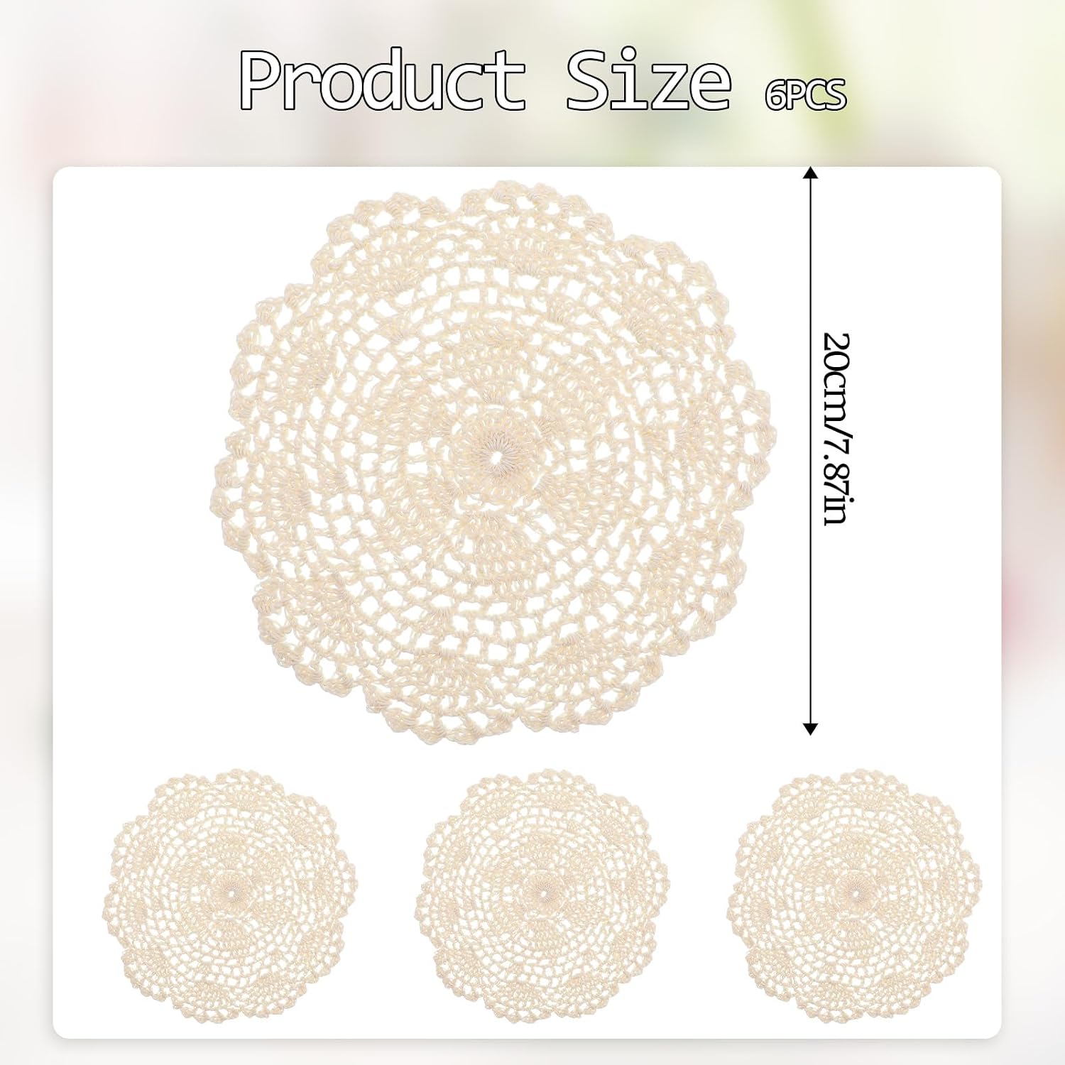 Piriuuo 6 Pcs 8 Inch Lace Doilies for Tables, Vintage Crochet Doilies Round Lace Placemats Cotton Crochet Coasters Rustic Doily Cloth for Kitchen, Dining Room, Wedding Party Decor (Beige)