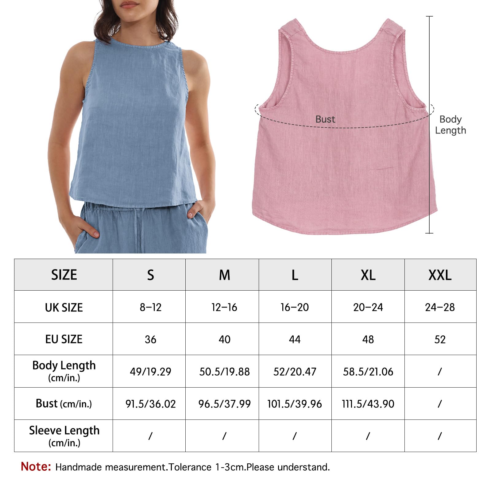Amazhiyu Camicetta da donna in 100% lino, casual, estiva, senza maniche, scollo rotondo, tinta vegetale, per taglie S-XL